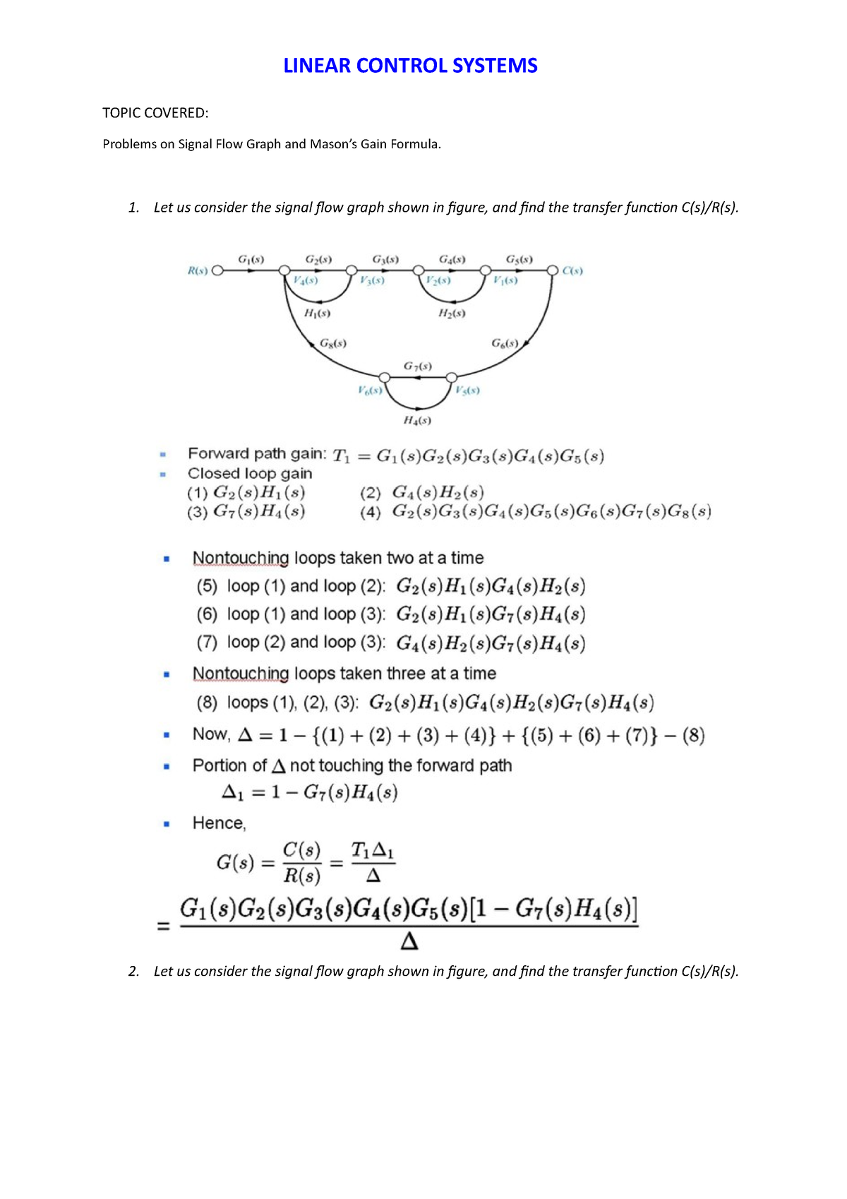 Problems On Signal Flow Graph And Masons Gain Formula Linear Control