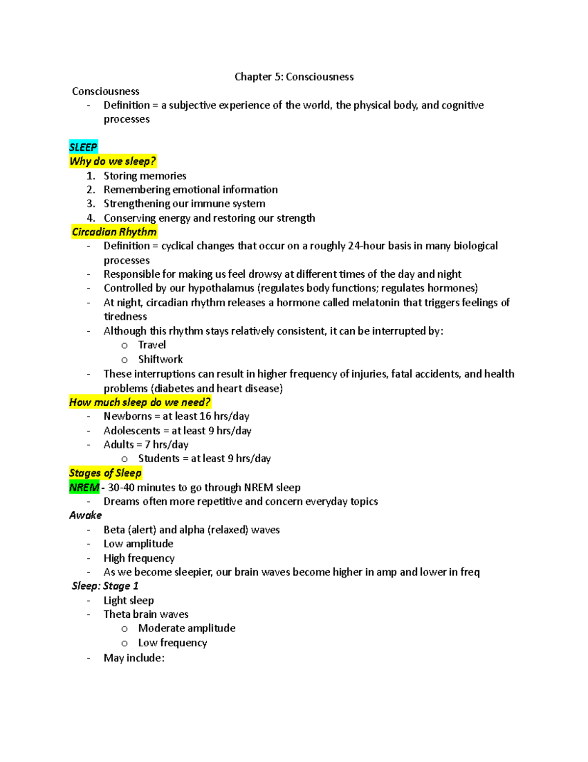 Chapter 5 - Lecture Notes 5 - Chapter 5: Consciousness Consciousness ...