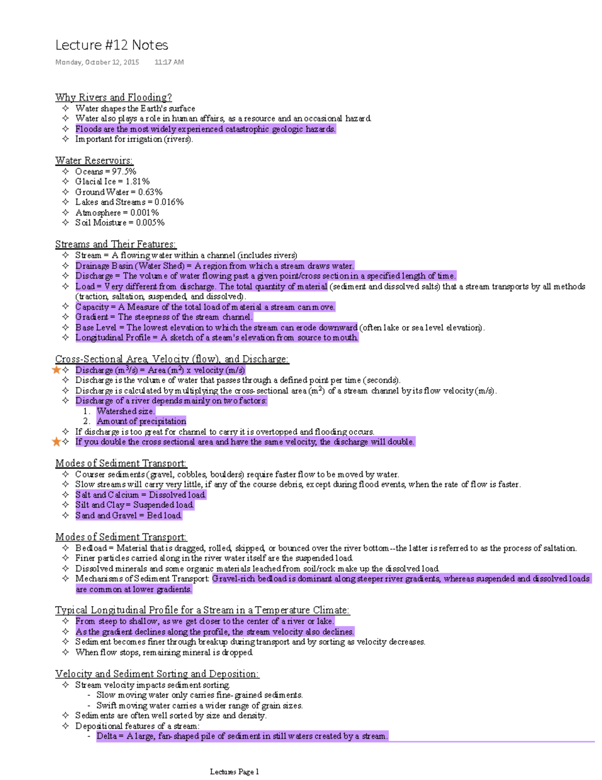 GLG121 12th Lecture Notes - Water shapes the Earth's surface Water also ...