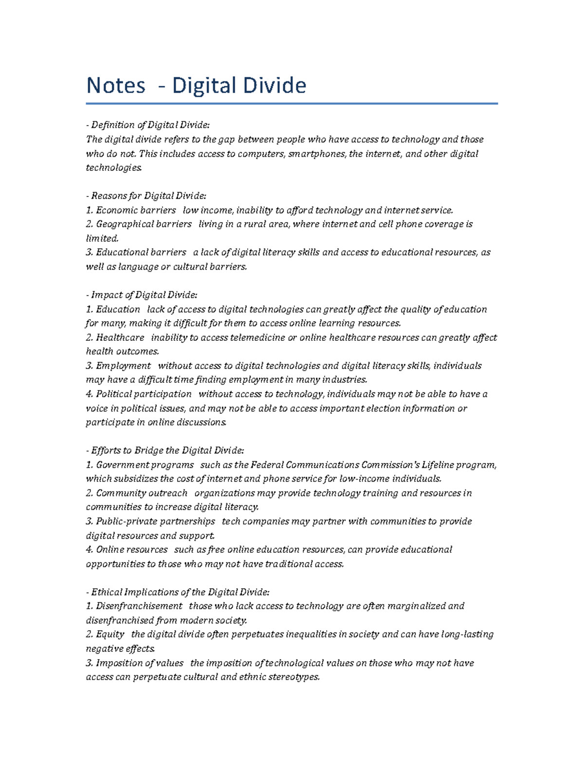 Lecture notes Digital Divide Notes Digital Divide Definition of