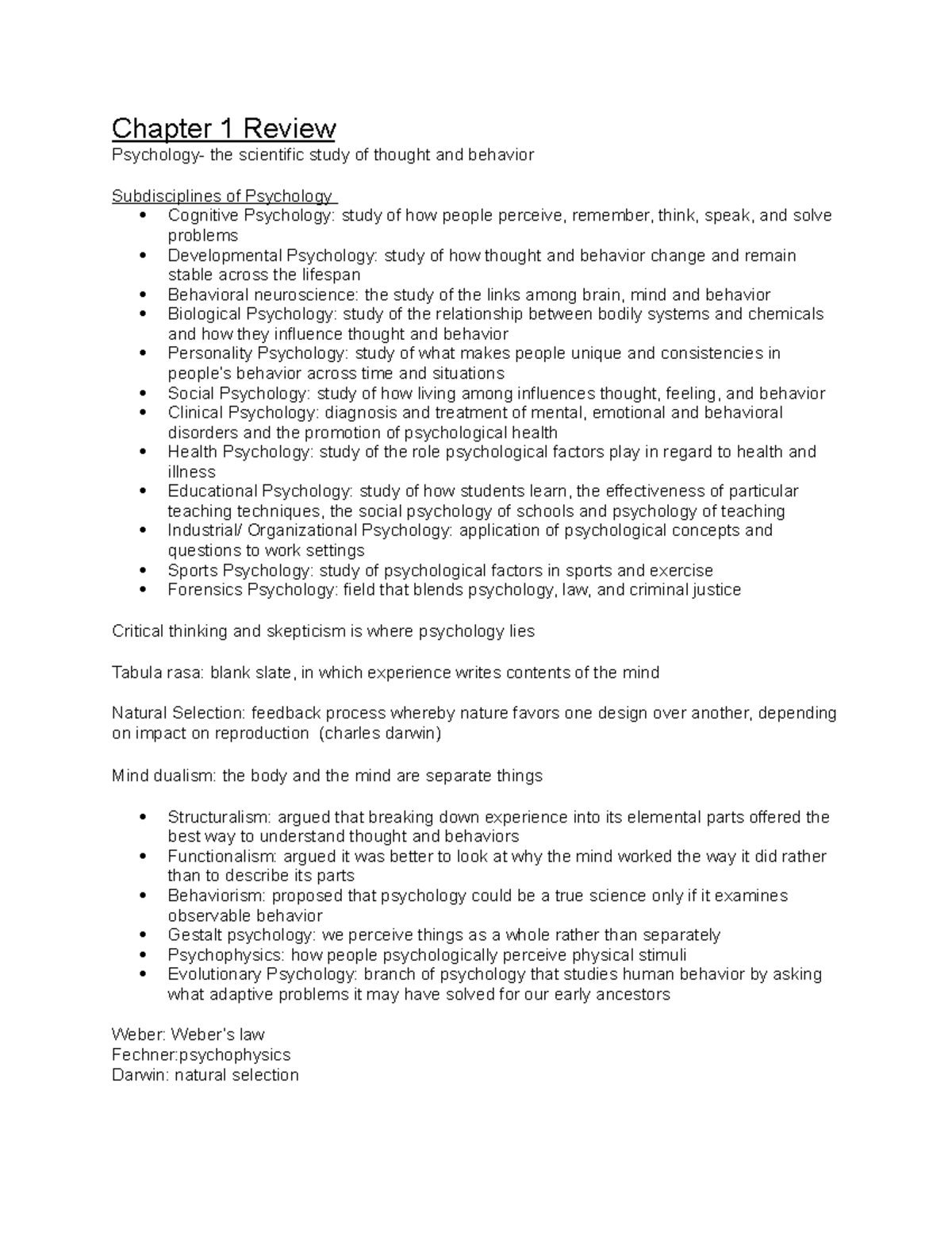 PsychologyNotes - Chapter 1 Review Psychology- the scientific study of ...