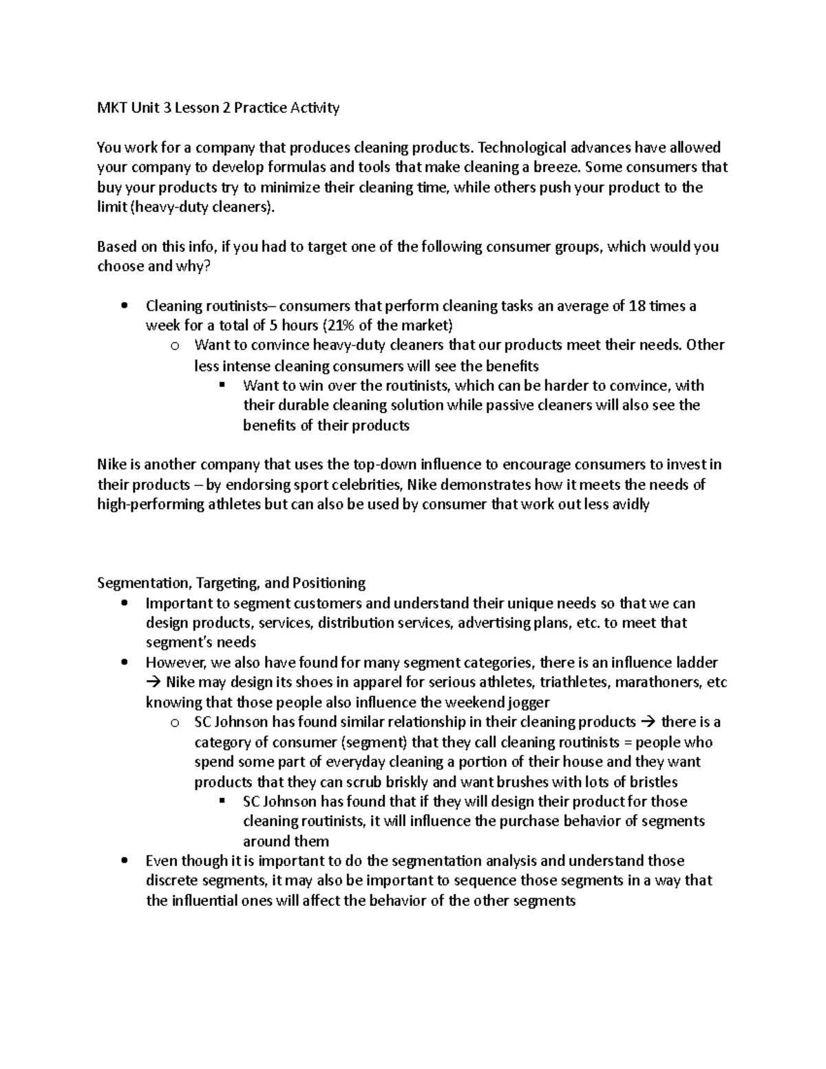 MKT Unit 3 Lesson 2 Practice Activity MKT Unit 3 Lesson 2 Practice