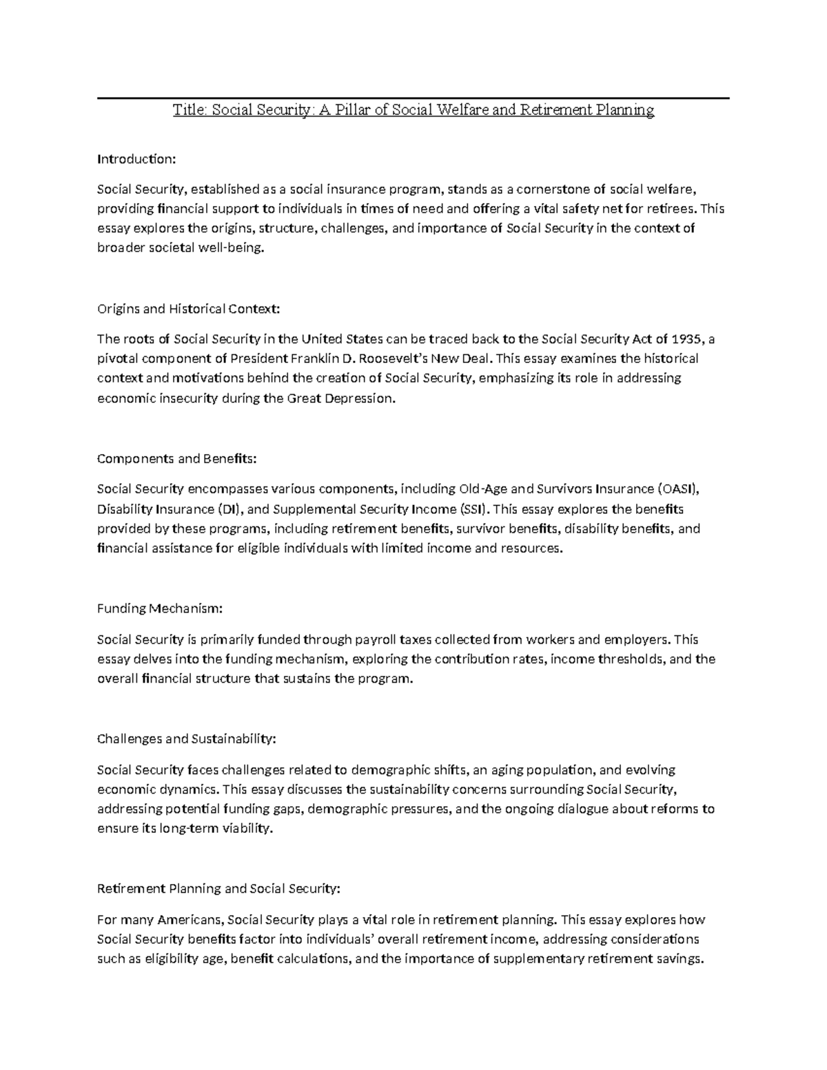 Assignment solution in detail - Title: Social Security: A Pillar of ...