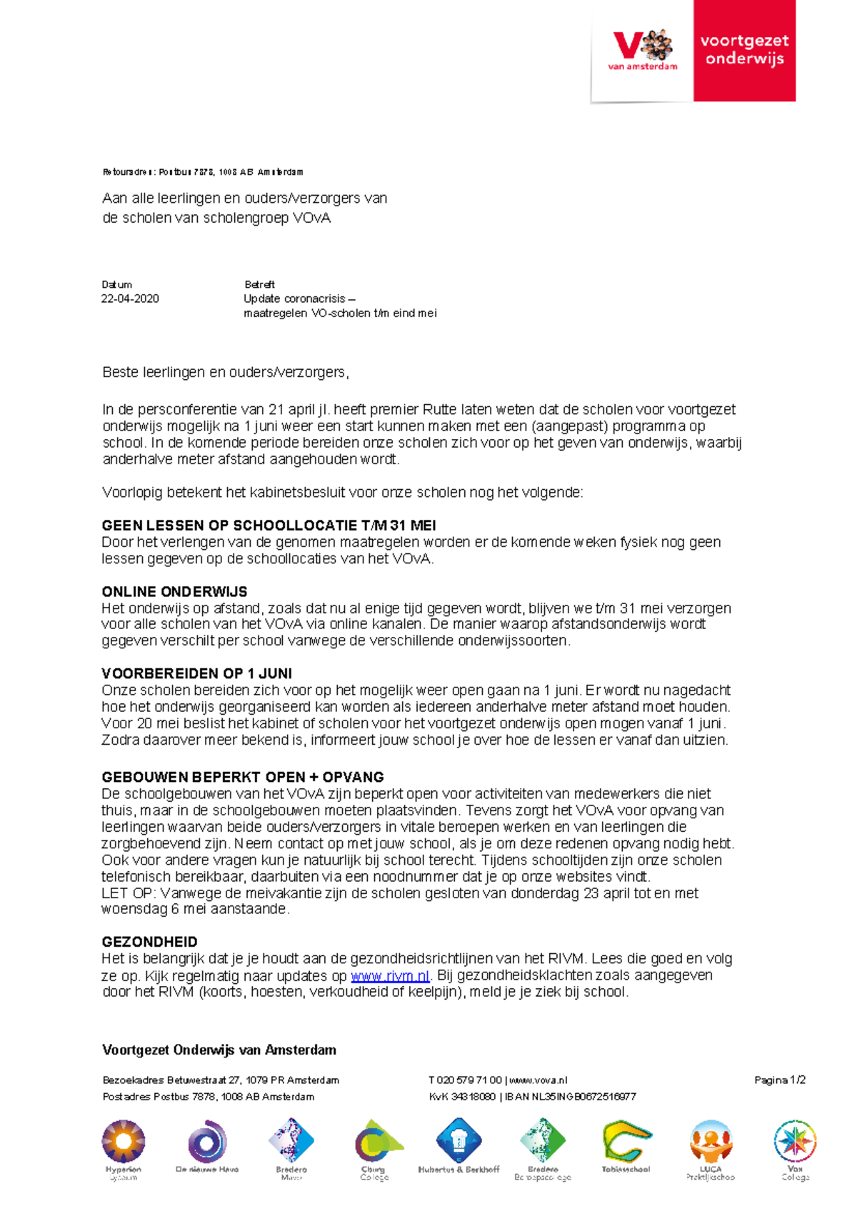 Brief oudersenleerlingen VOv A scholen inzake Coronavirus - Retouradres ...