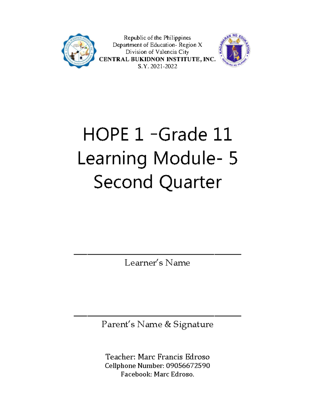 HOPE1-F1M5 - HOPE1-F1M5 - Republic of the Philippines Department of ...