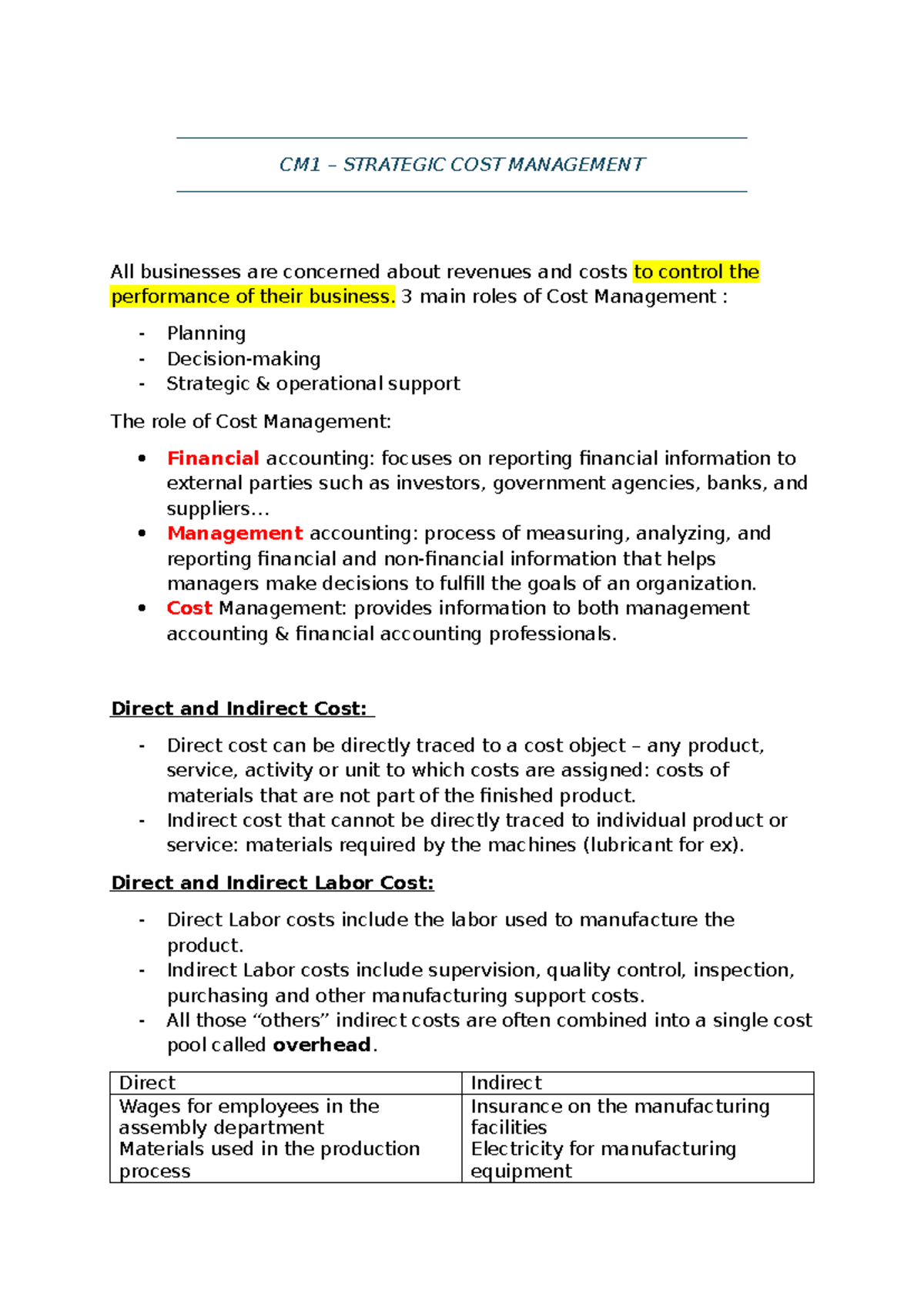 CM1 SCM - CM1 – STRATEGIC COST MANAGEMENT All businesses are concerned ...