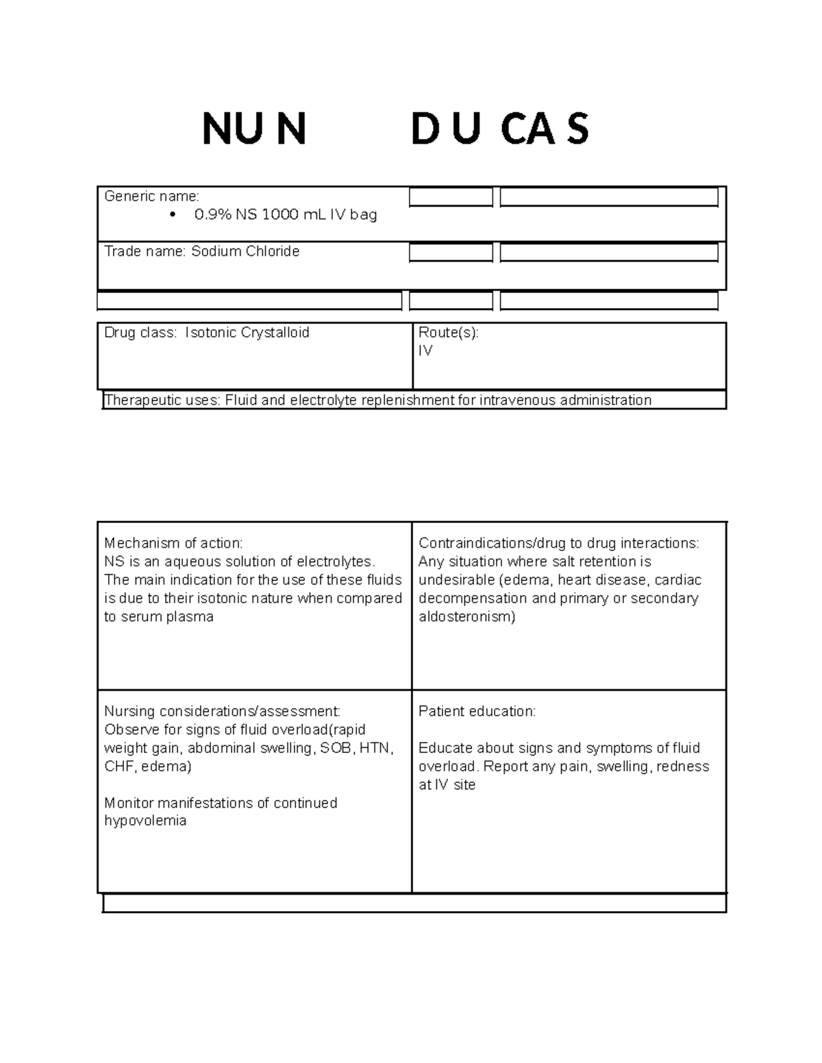 NS DRUG CARD - DRUG CARD - NU N D U CA S Generic name: 0% NS 1000 mL IV ...