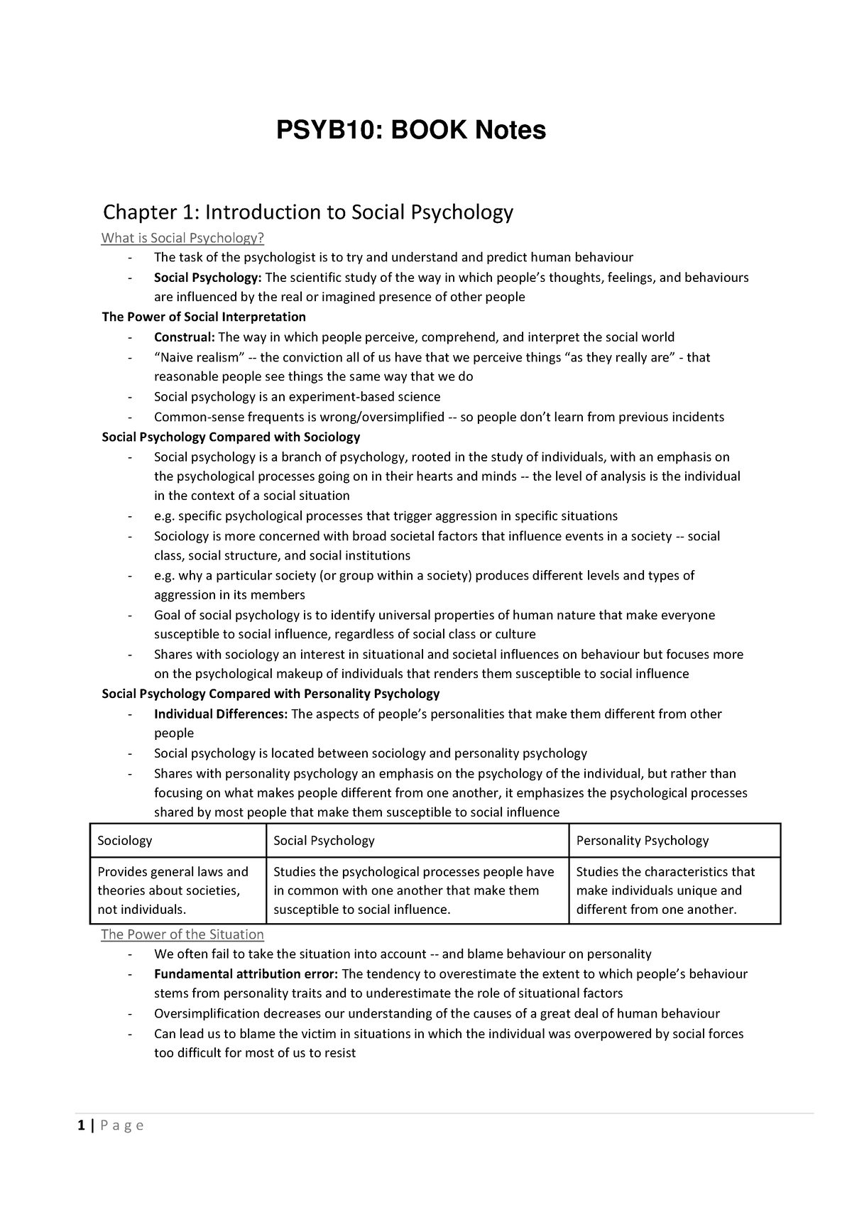 Psyb10 Book Study Notes - Psyb10: Book Notes Chapter 1: Introduction To 