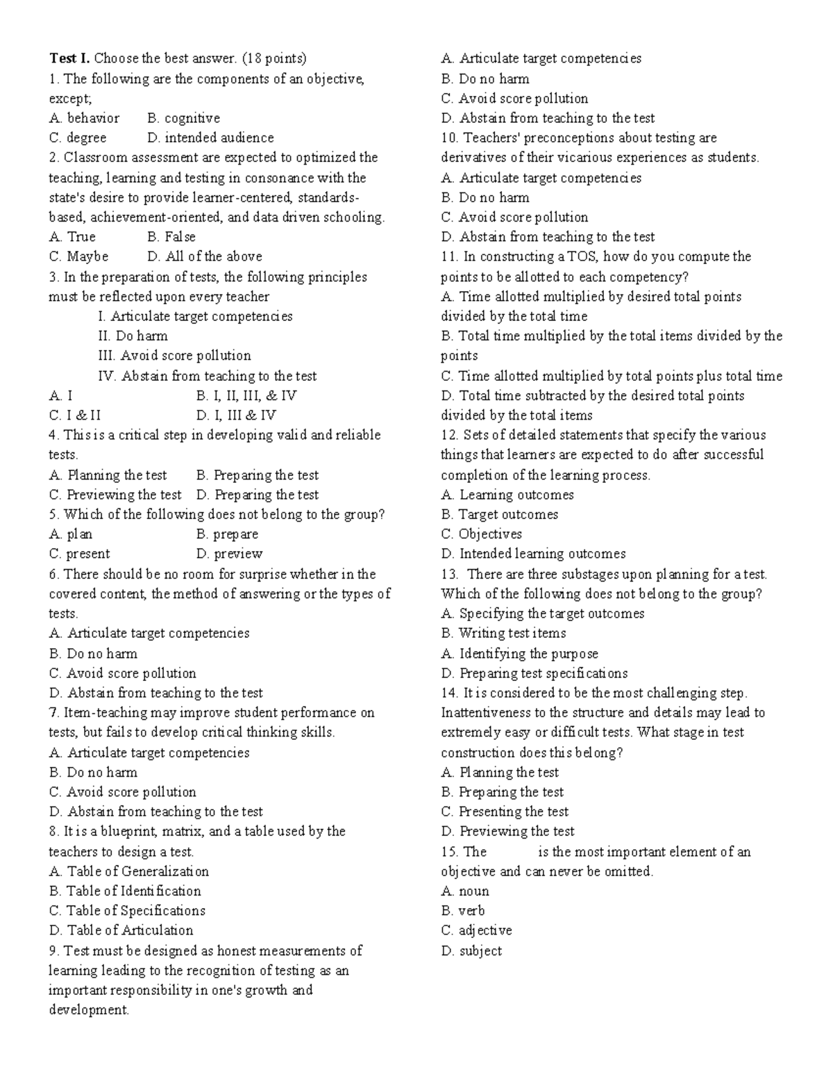 ASL TEST without ans key - Test I. Choose the best answer. (18 points ...