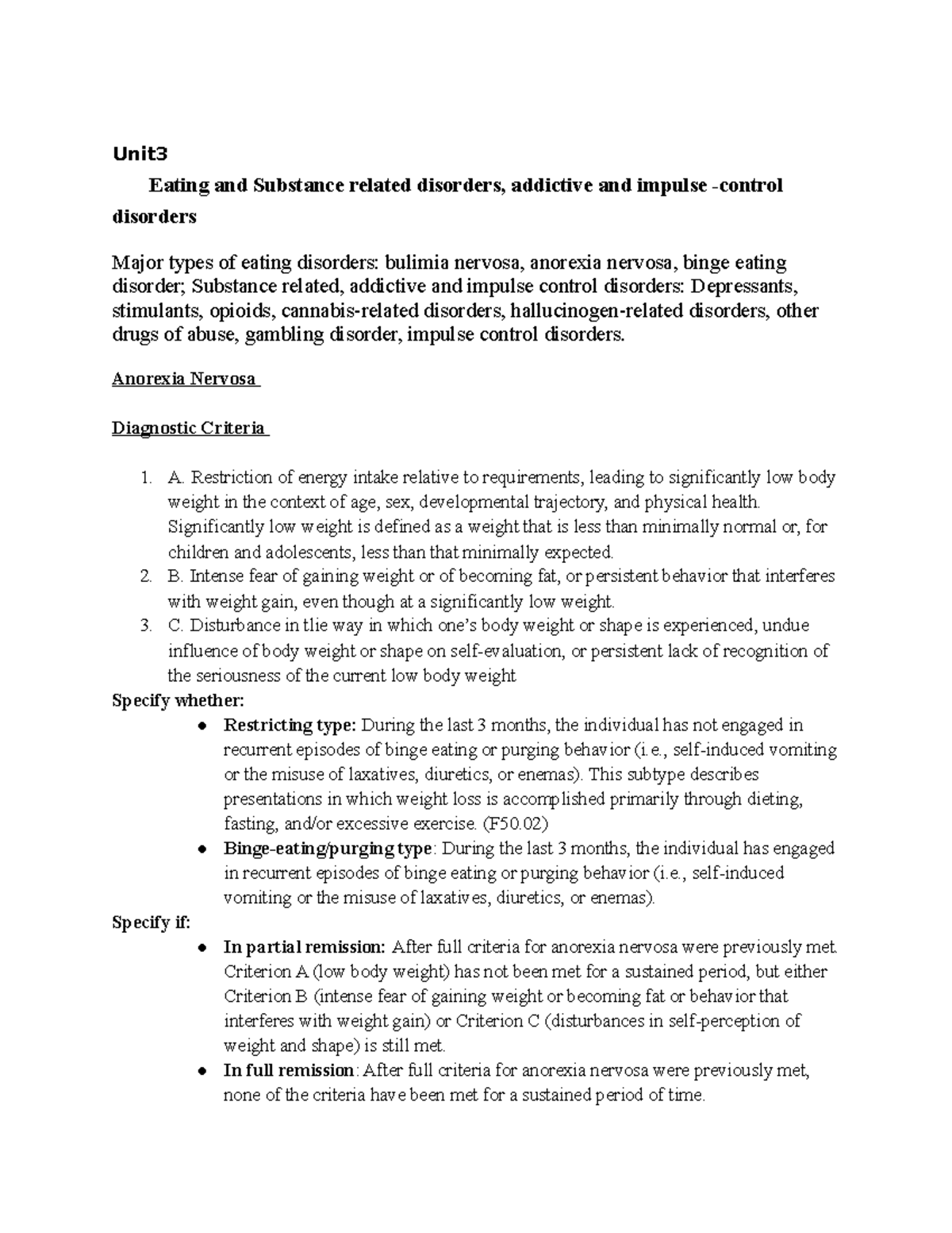 Unit 3 - Psychopathology - Unit Eating and Substance related disorders ...