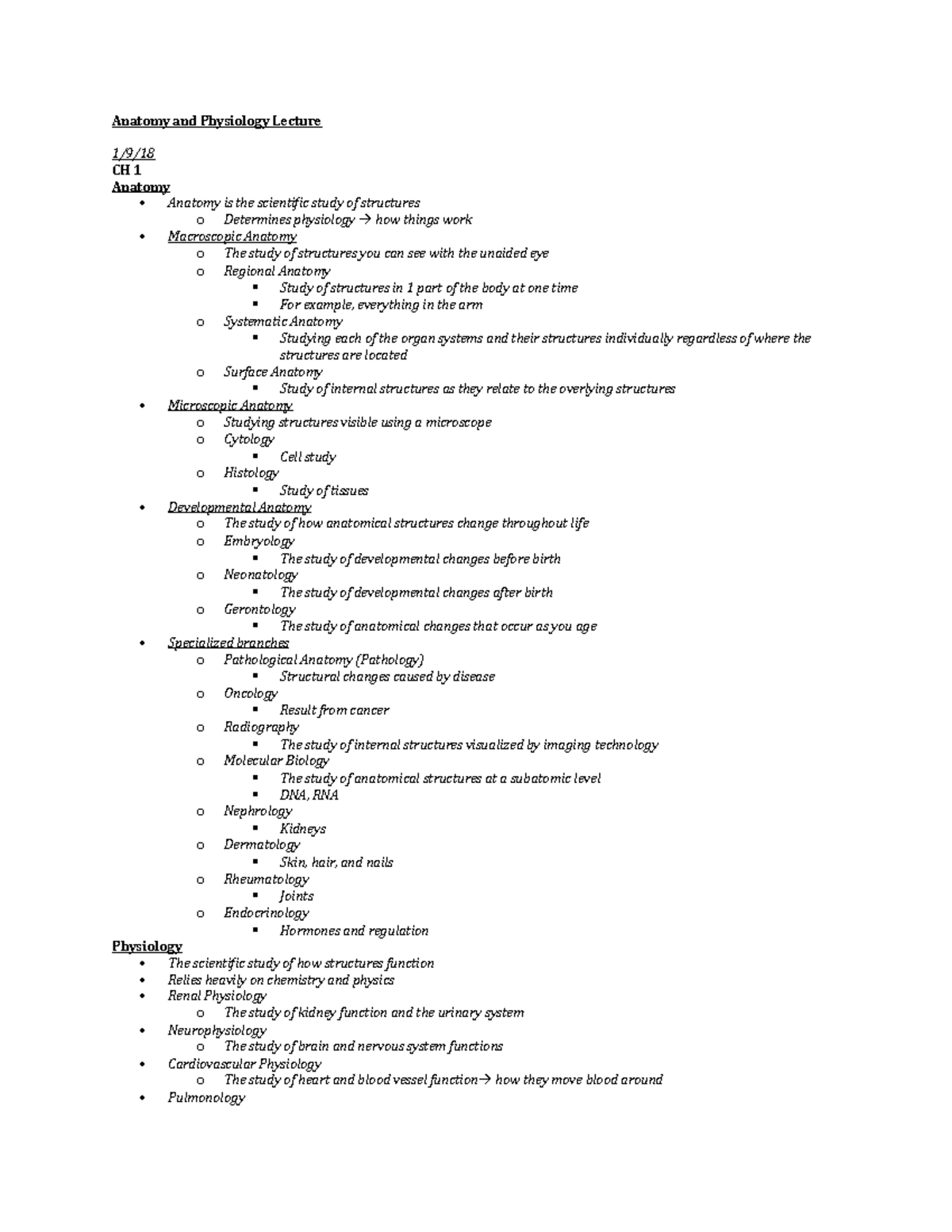 Anatomy and Physiology Lecture - Anatomy and Physiology Lecture 1/9/ CH ...