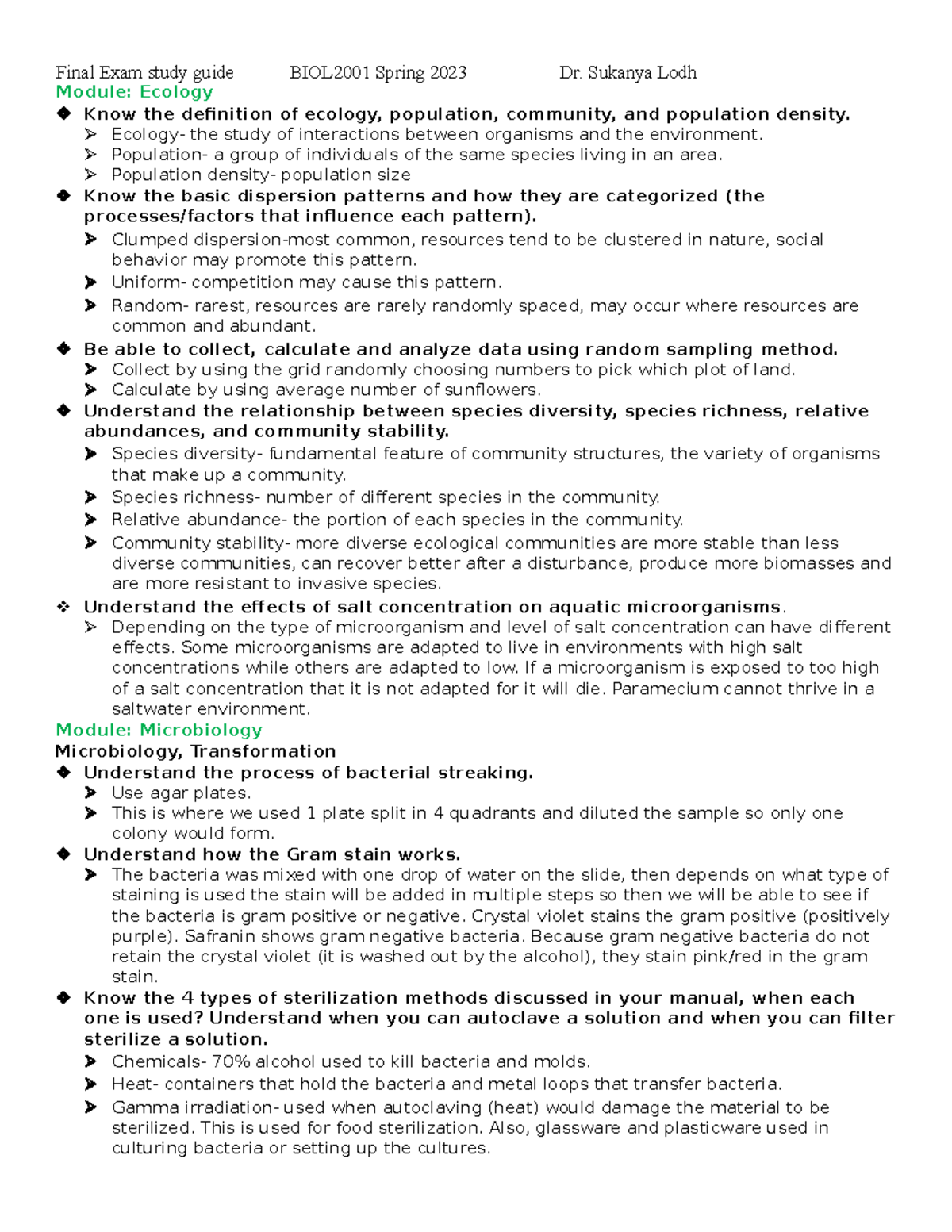 BIOL2001 Final Exam Study guide Spring 23 SL - Module: Ecology Know the ...