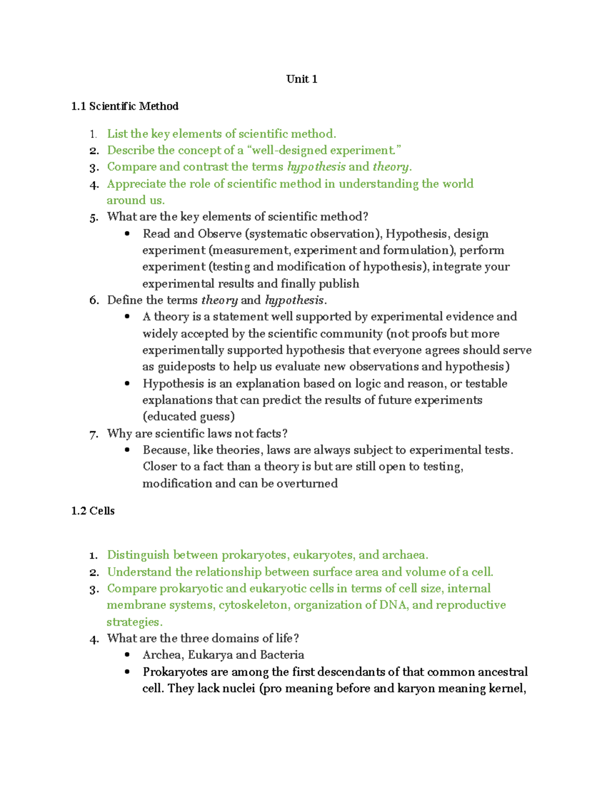 Unit 1 - BIOL401 - Athabasca - Unit 1 1 Scientific Method List the key ...