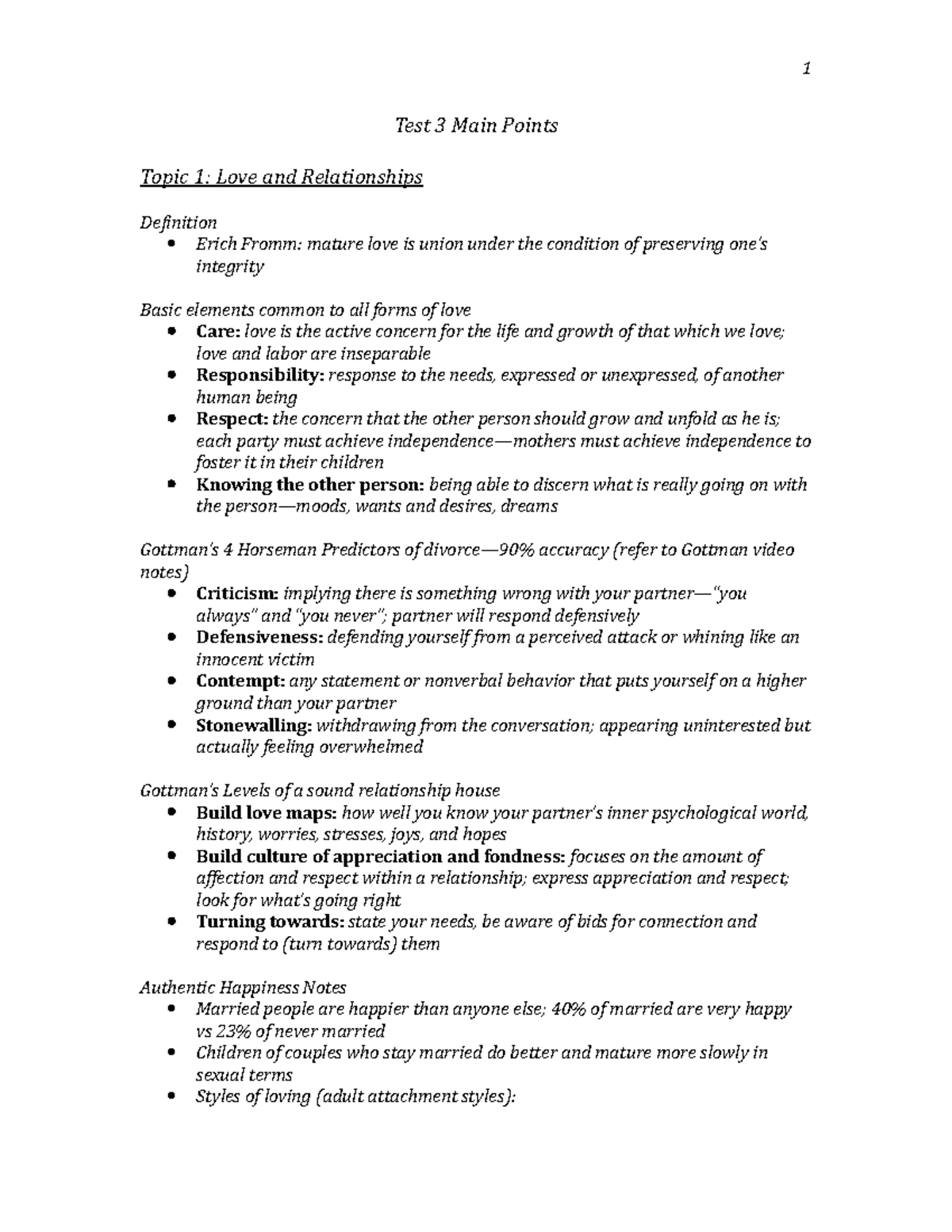 Test 3 Study Guide - Short - 1 Test 3 Main Points Topic 1: Love and ...