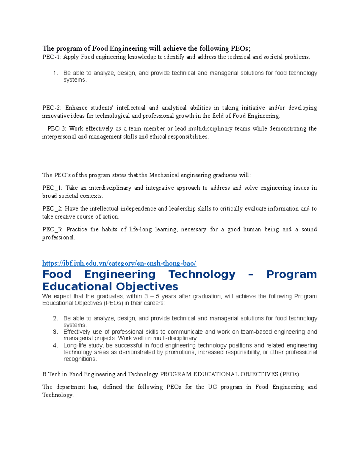 The program of Food Engineering will achieve the following PEOs - Be ...