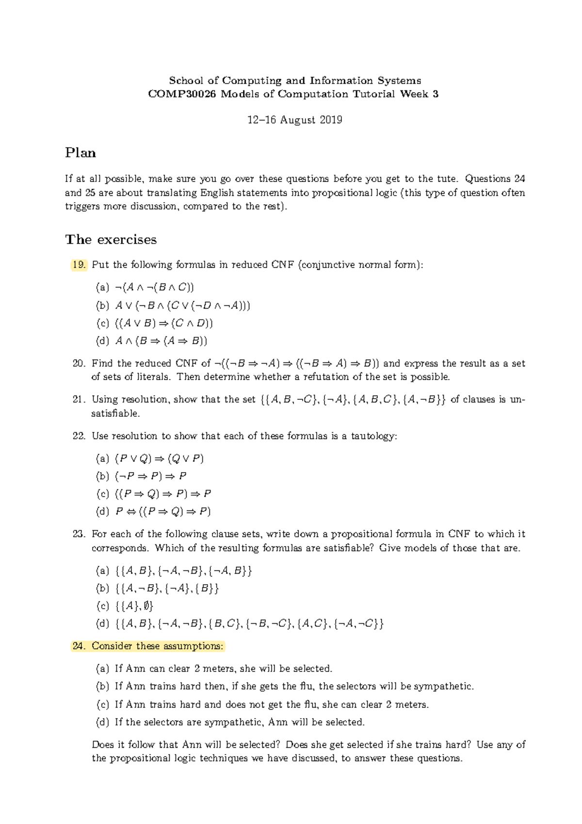 Tute03 - TUT3 - School of Computing and Information Systems COMP30026 ...