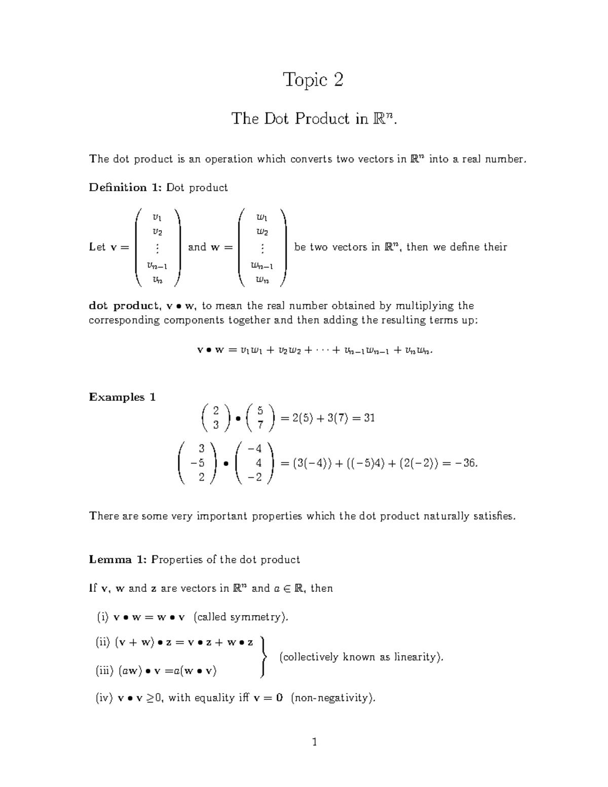 topic-2-dot-product-lecture-2-topic-2-the-dot-product-inr-n-the