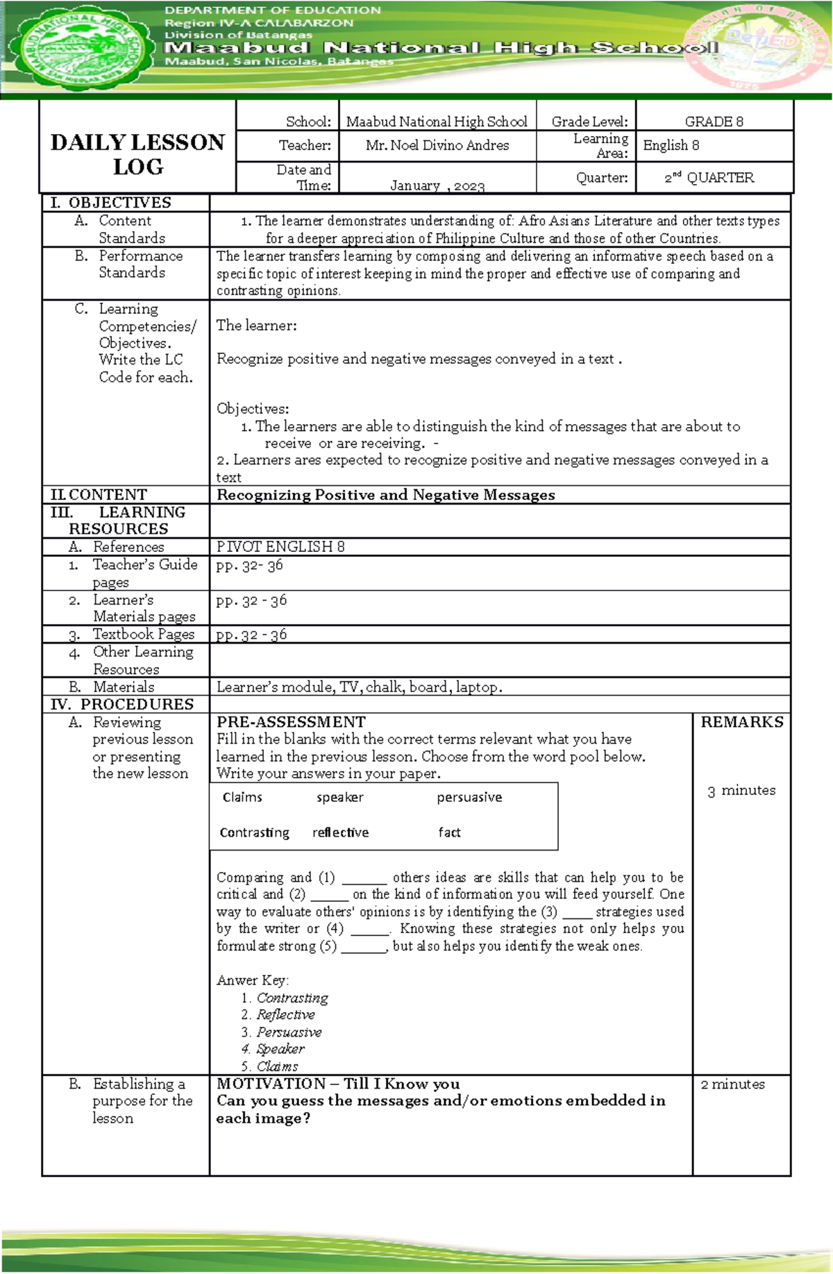 DLL Q2 WEEK 7-8 - nicwe - DAILY LESSON LOG School: Maabud National High ...