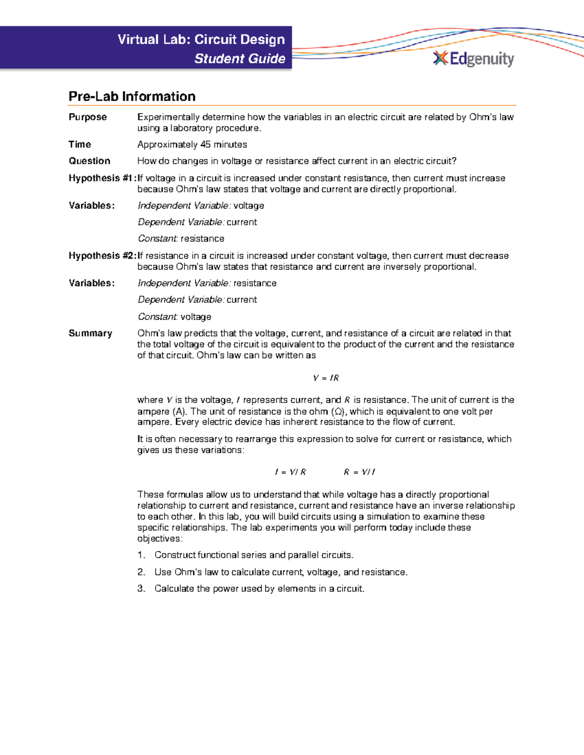 Circut Lab - Virtual Lab: Circuit Design Student Guide Pre-Lab ...
