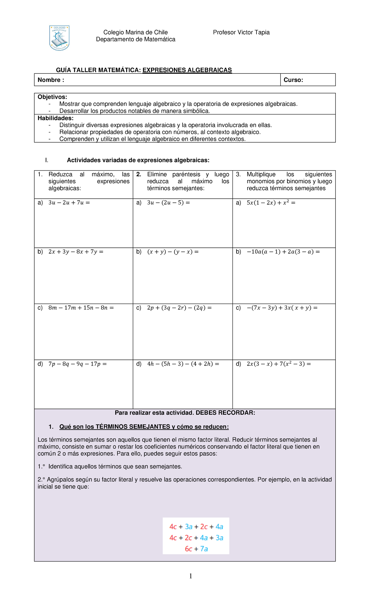 Taller Matemática, GUIA Expresiones Algebraicas - Departamento de ...