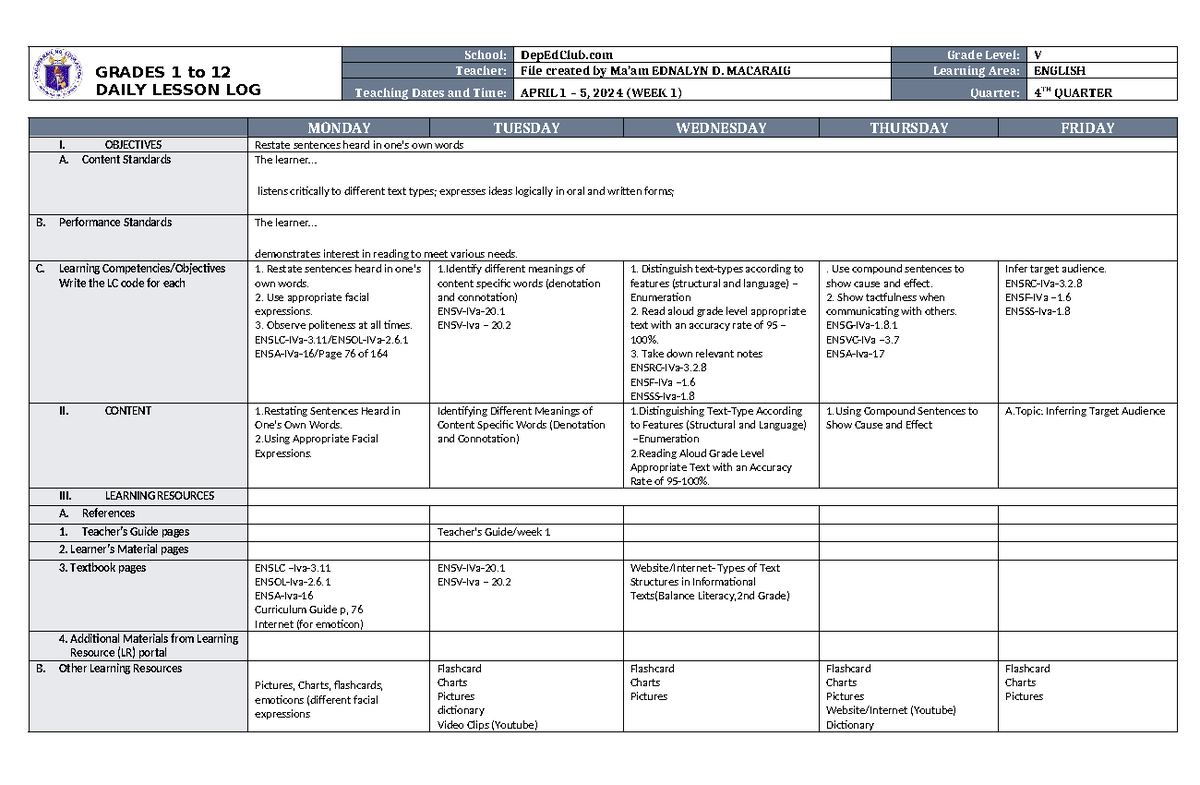DLL English 5 Q4 W1 - daily lesson log - GRADES 1 to 12 DAILY LESSON ...