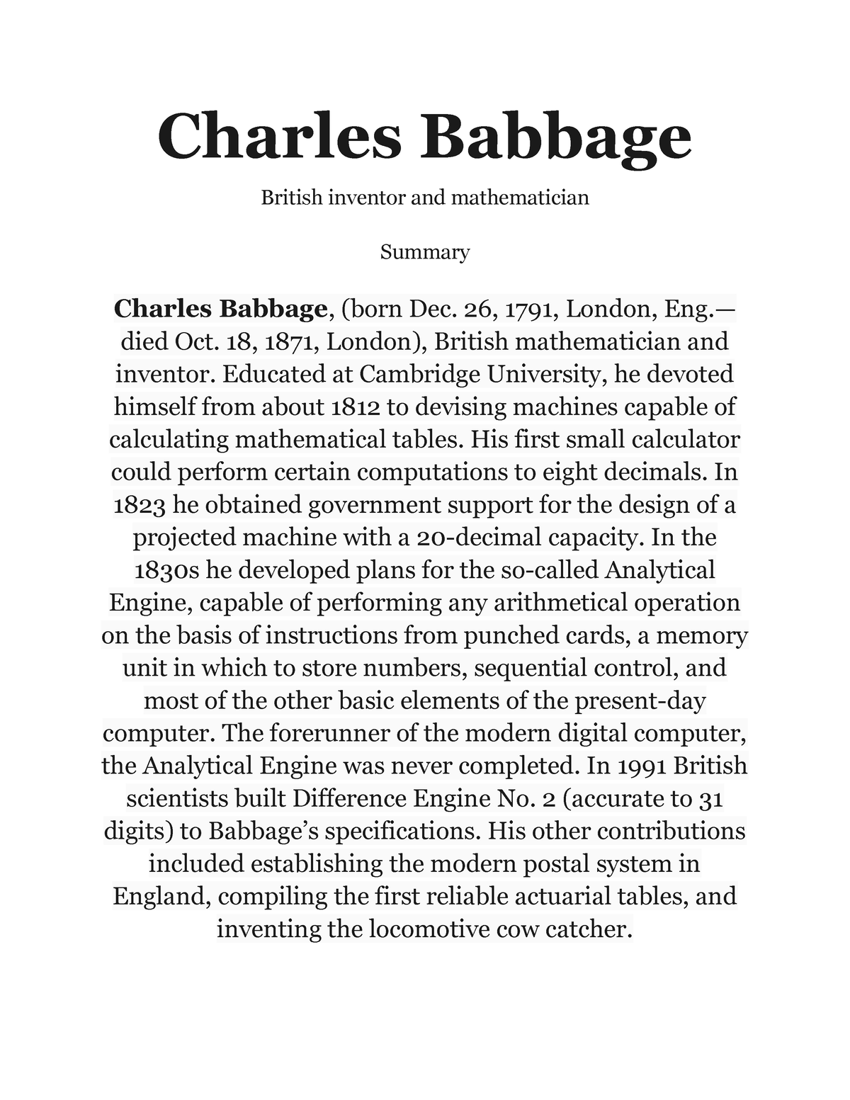 name the essay written by charles babbage