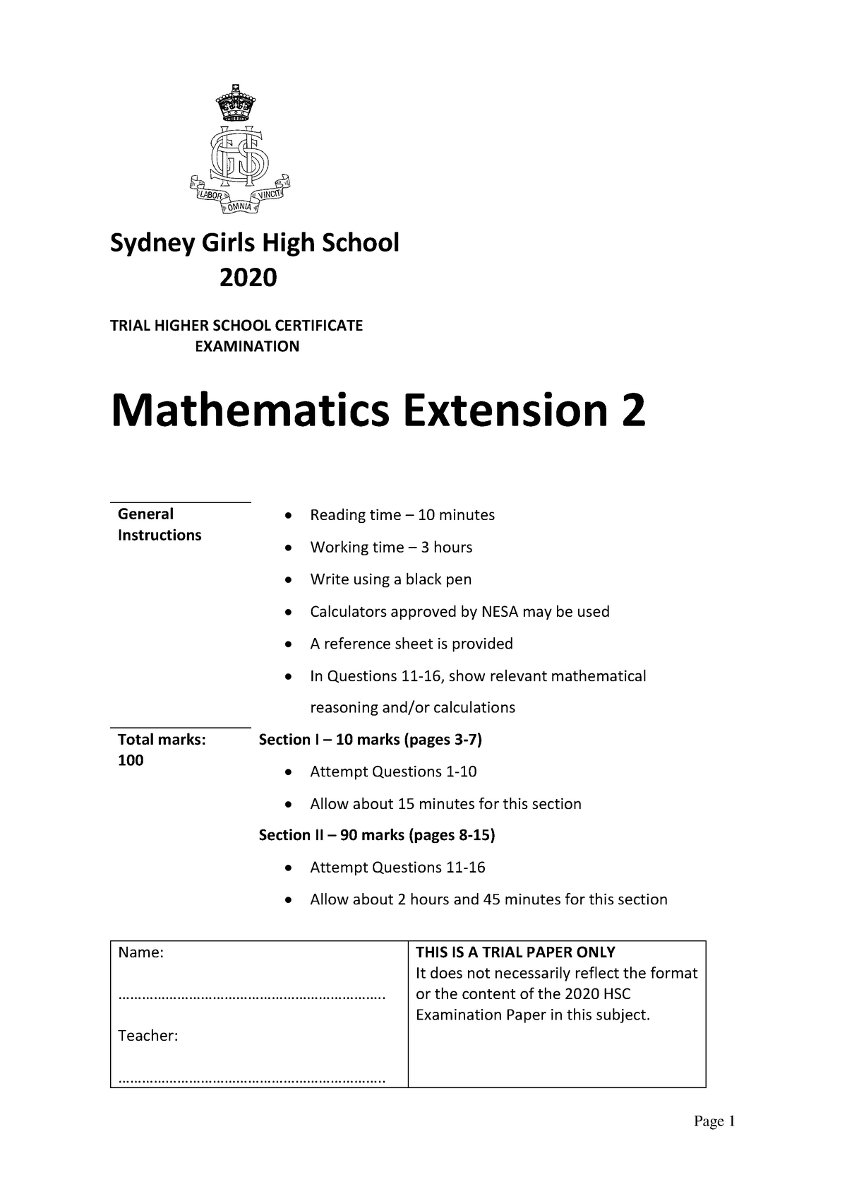 Sydney Girls - Past Paper - Sydney Girls High School 2020 Trial Higher 