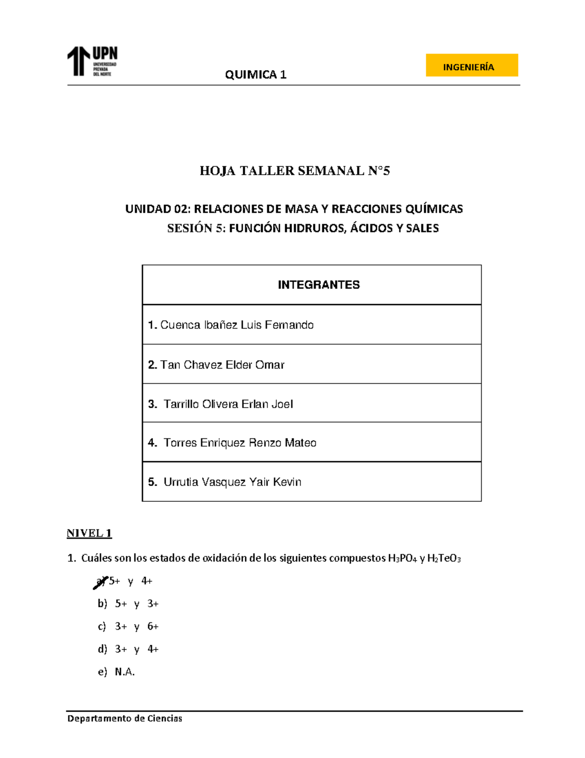 Hoja Taller Grupal N° 5 Función Hidruros Ácidos Y Sales - QUIMICA 1 ...