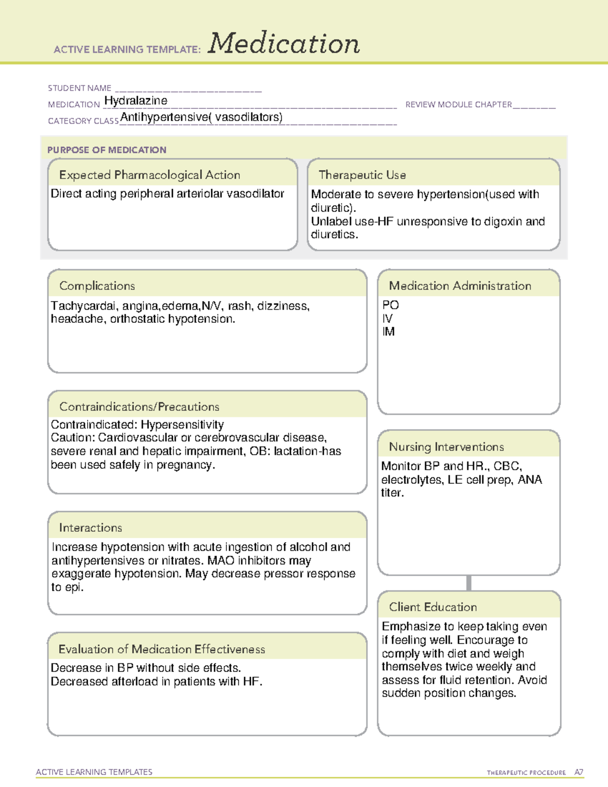 Hydralazine med card - ACTIVE LEARNING TEMPLATES THERAPEUTIC PROCEDURE ...