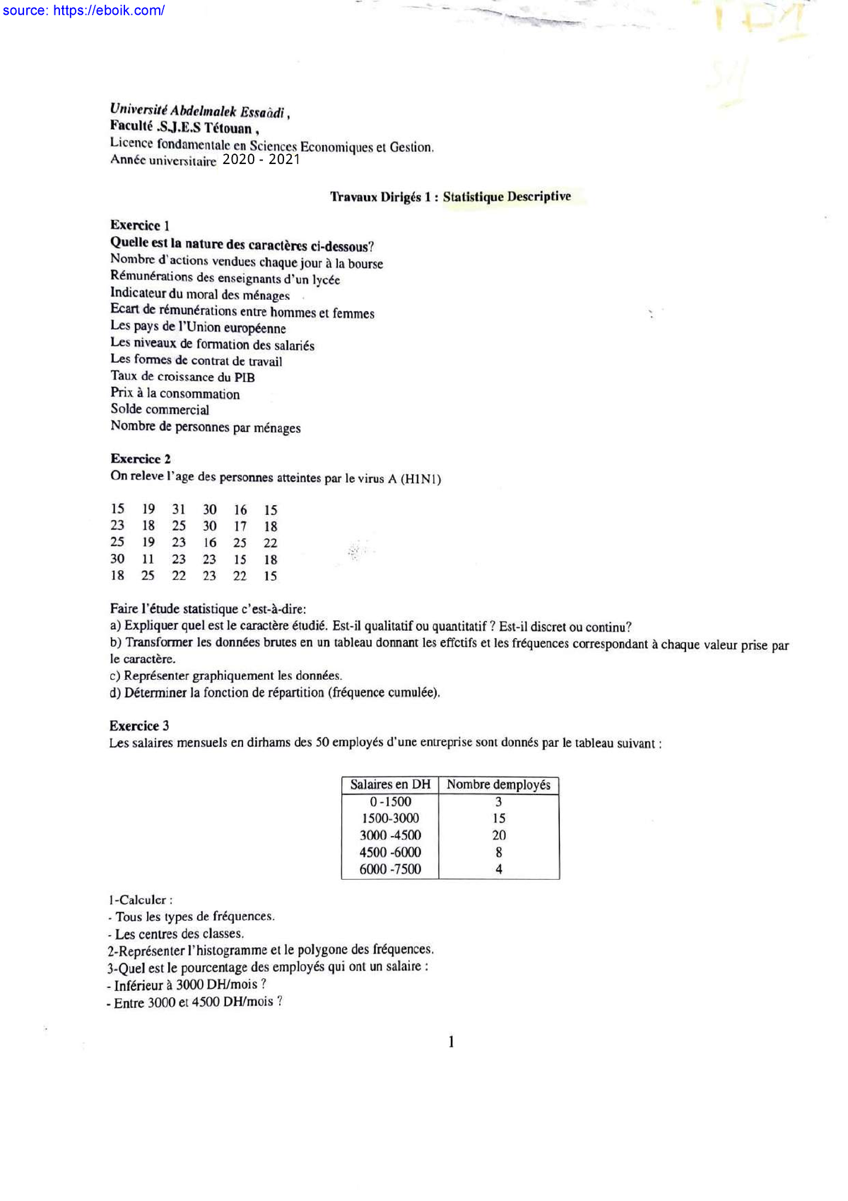 Statistique Descriptive TD Serie 1 - Probabilite Et Statistique ...