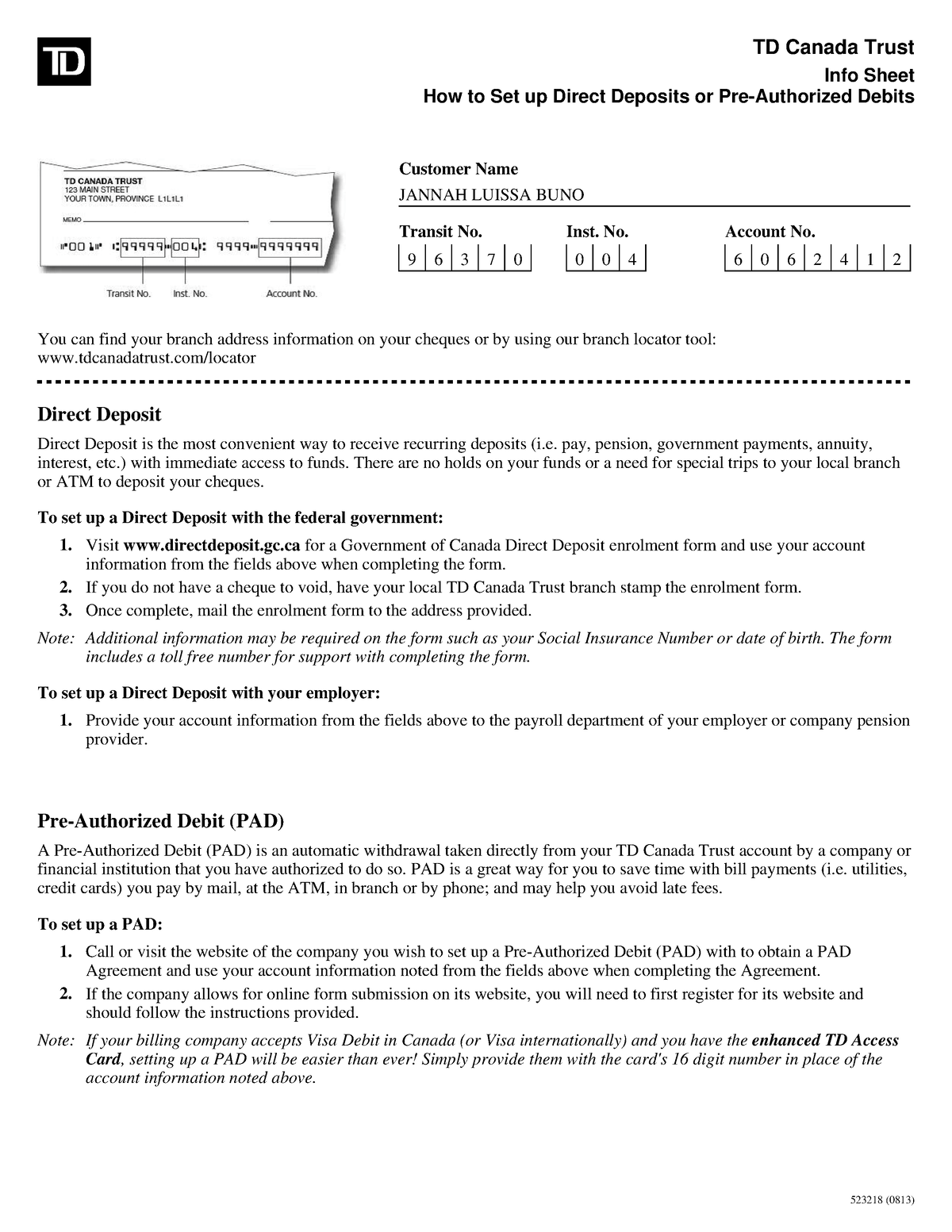 Pdf Document Td Canada Trust Info Sheet How To Set Up Direct Deposits Or Pre Authorized Debits 3331
