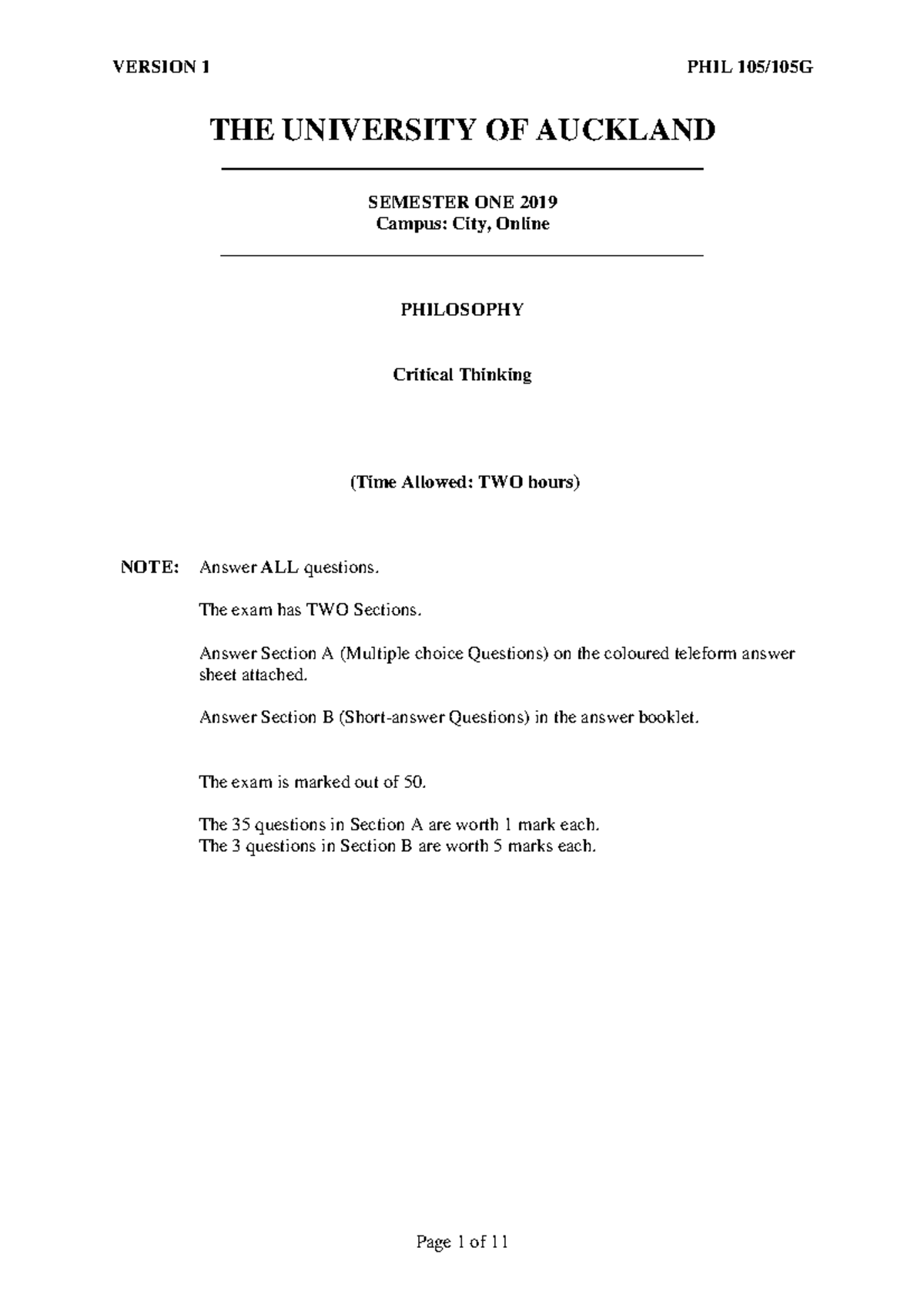 PHIL 105 Semester 1 2019 - THE UNIVERSITY OF AUCKLAND SEMESTER ONE 2019 ...