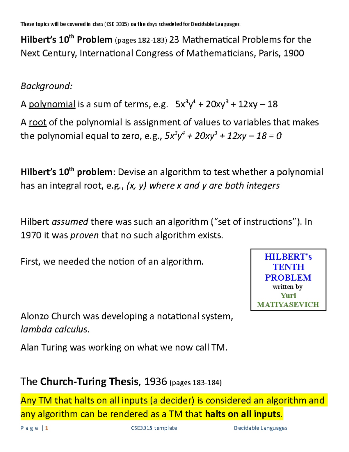 Decidable Languages - Lecture Notes - These topics will be covered in ...