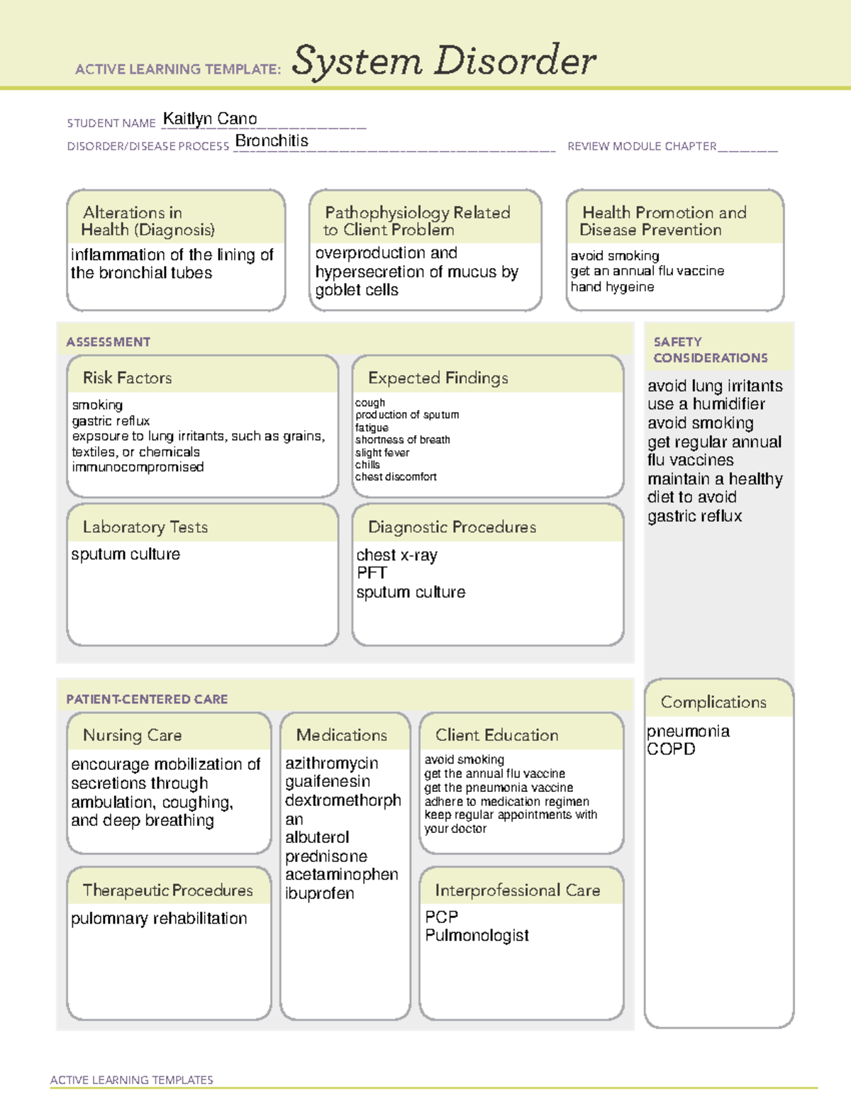 Bronchitis Template - ACTIVE LEARNING TEMPLATES System Disorder STUDENT ...