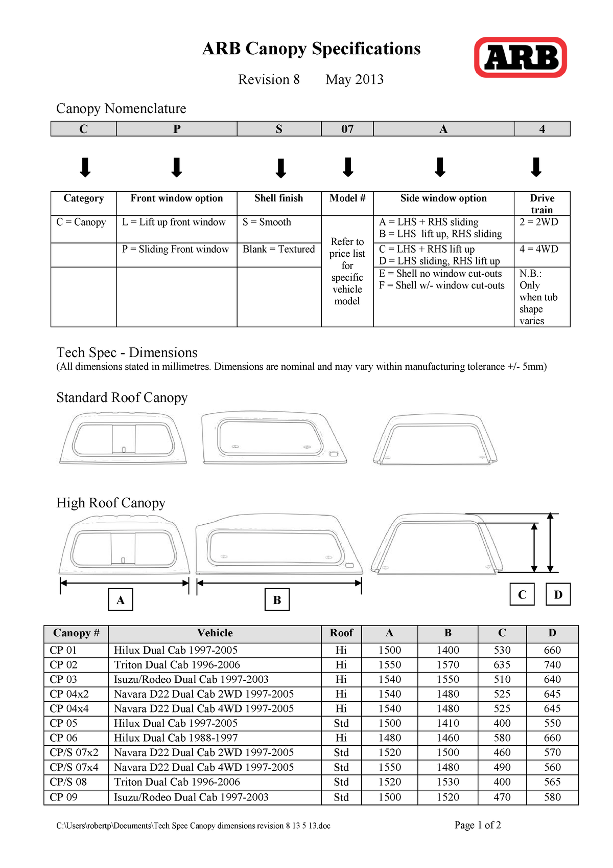 Canopy parts list may 13 ARB Canopy Specifications Revision 8 May