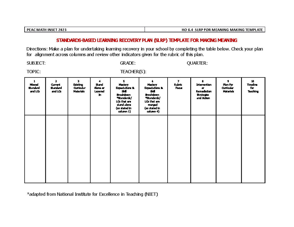 MATH 6.4 SLRP for Meaning Making Template - PEAC MATH INSET 2023 HO 6 ...