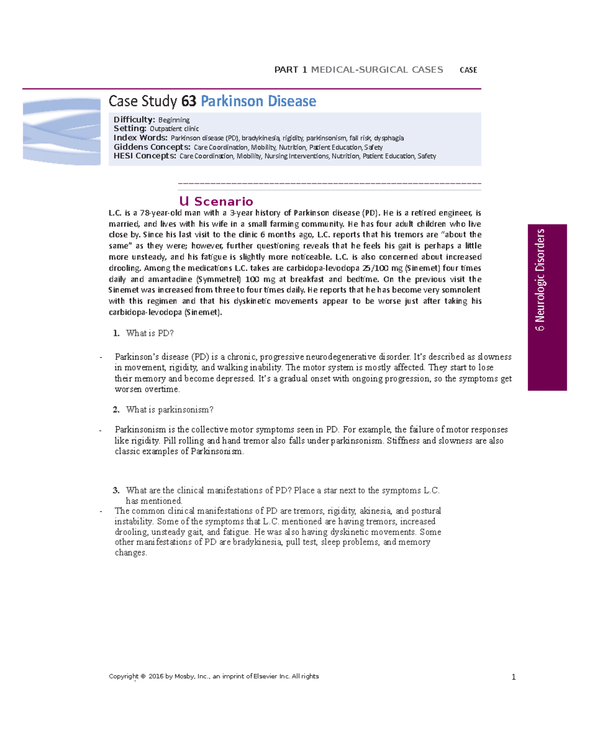 Parkinsons Case Study - u Scenario Case Study 63 Parkinson Disease L ...