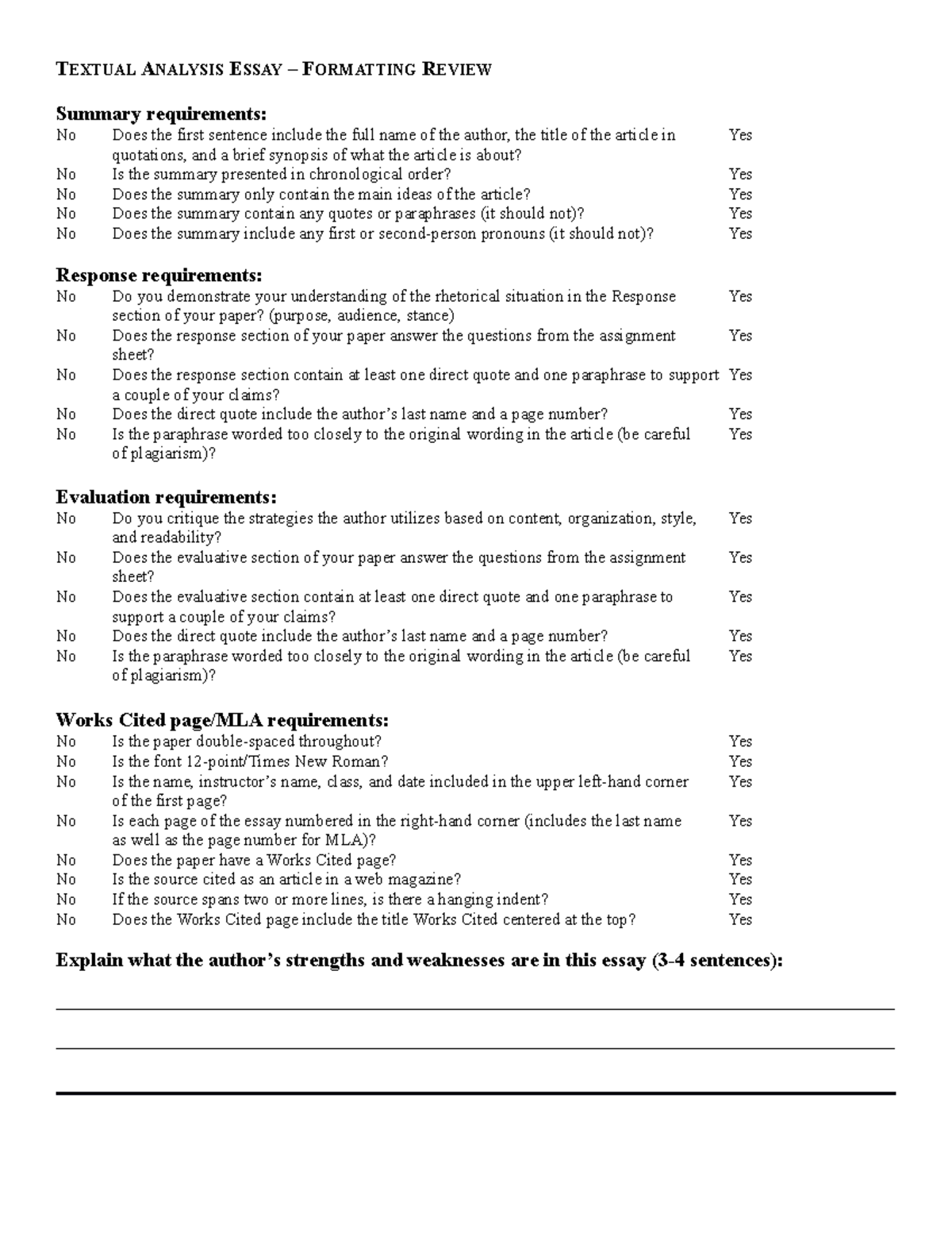 Self-Review Checklist - TEXTUAL ANALYSIS ESSAY – FORMATTING REVIEW ...