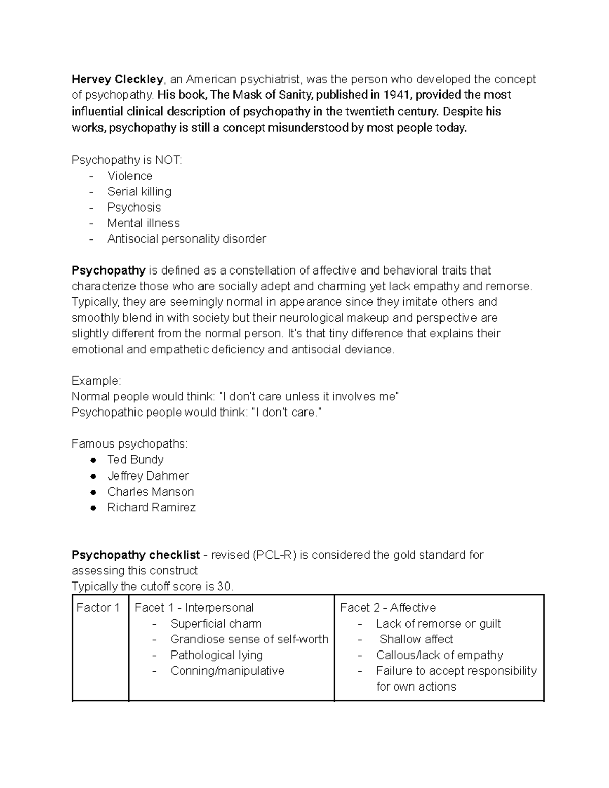 Psy101 Psychopathy - Hervey Cleckley, an American psychiatrist, was the ...