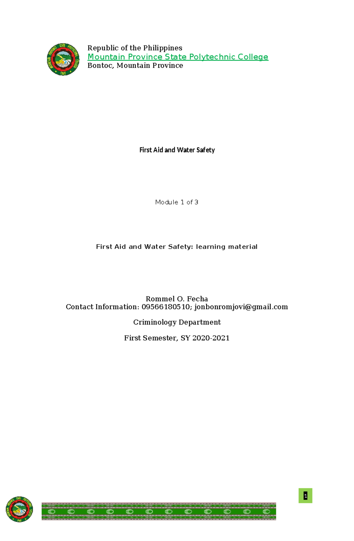 First Aid and Water Safety edited First Aid and Water Safety Module 1