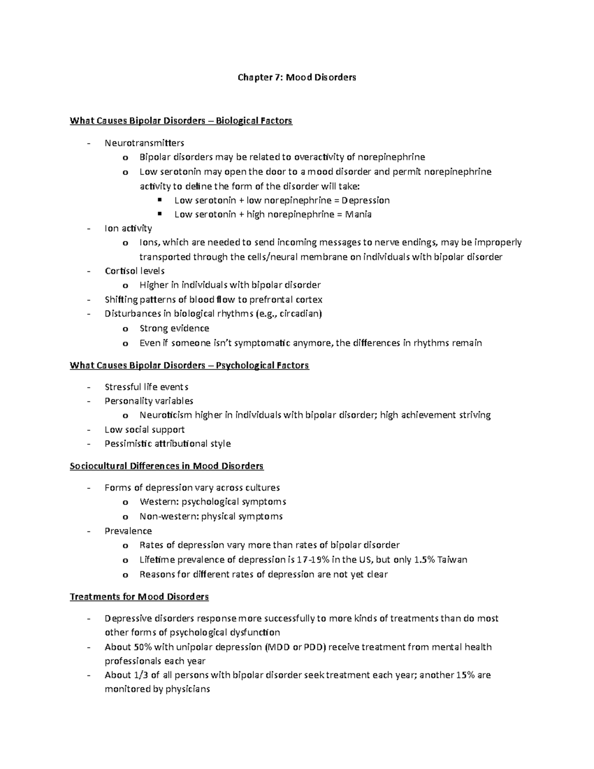 Chapter 7 Notes - Chapter 7: Mood Disorders What Causes Bipolar ...