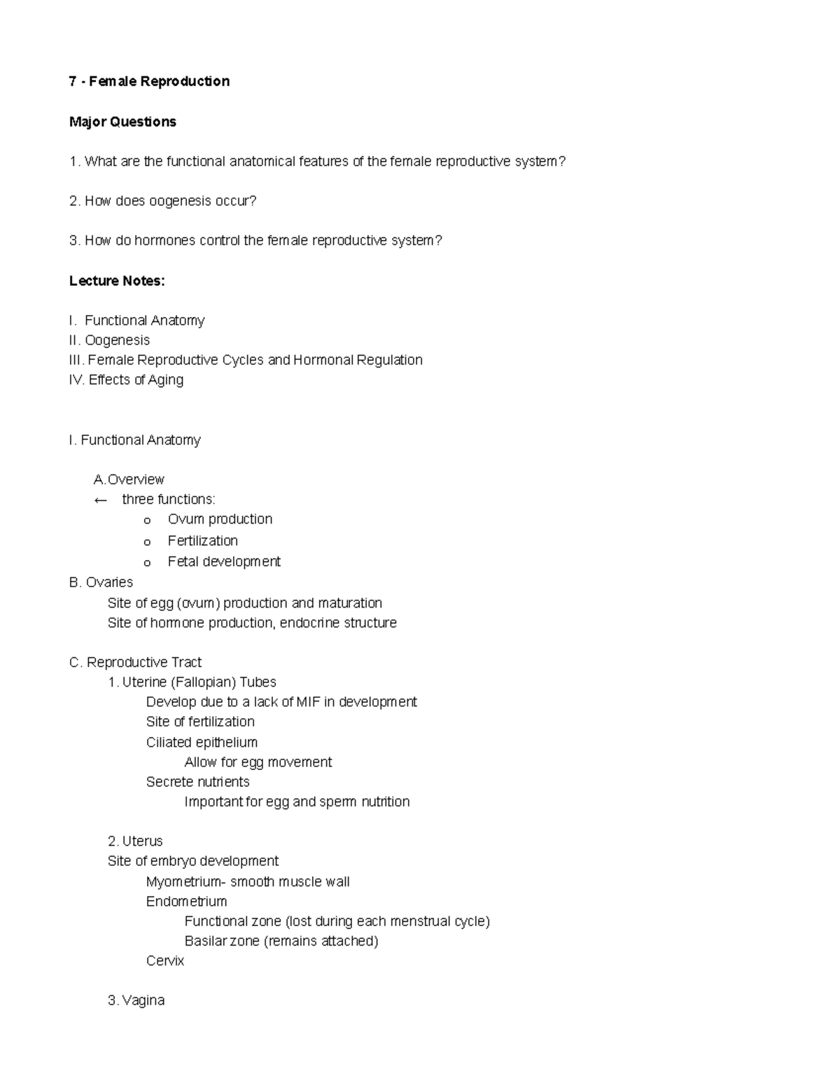 7 - Female Reproduction - 7 - Female Reproduction Major Questions What ...