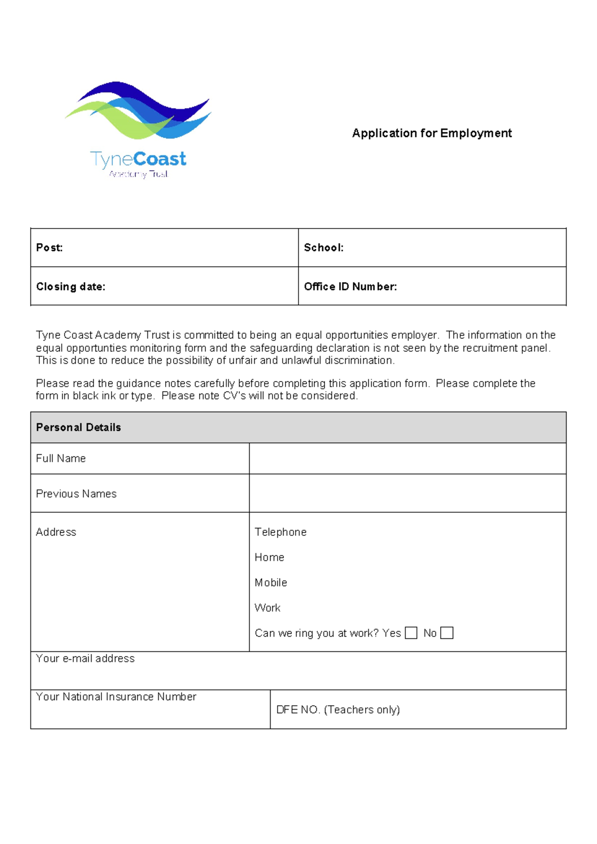 TCAT Application FORM crash Application for Employment Post School