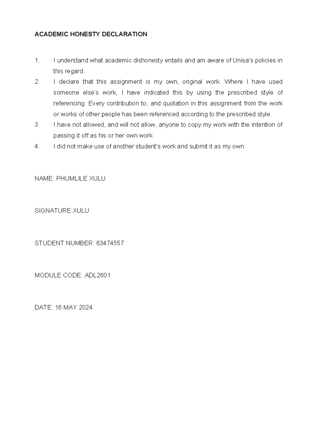Adl notesAdl 2601 notes 2024 - ACADEMIC HONESTY DECLARATION I ...