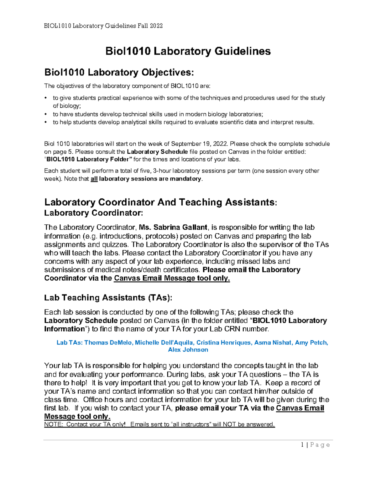 BIOL1010 Lab Guidelines Fall 2022 - Biol1010 Laboratory Guidelines ...