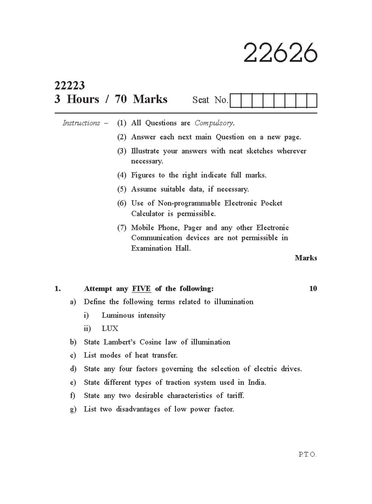 22626 2 - question paper - P.T. Instructions – (1) All Questions are ...