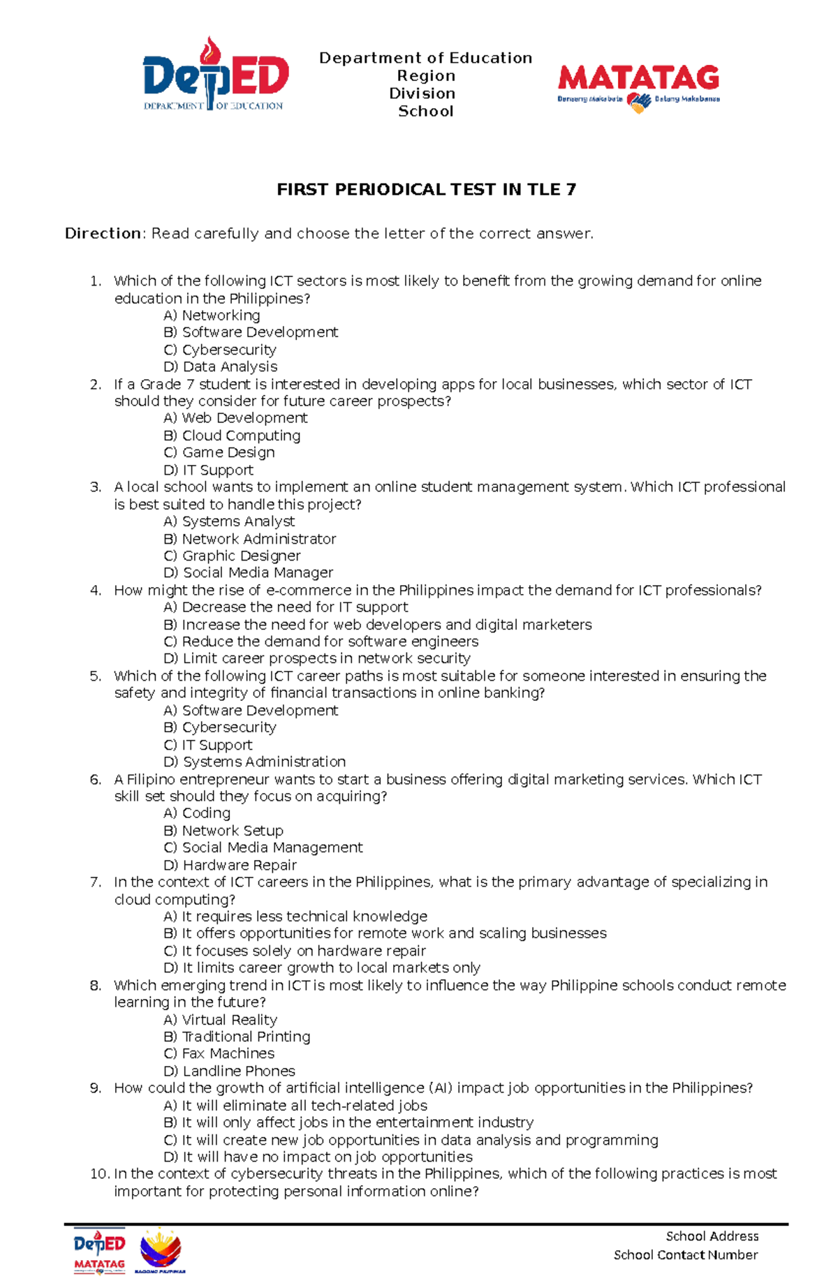TLE7 PT Q1 - EXAM - Department of Education Region Division School ...