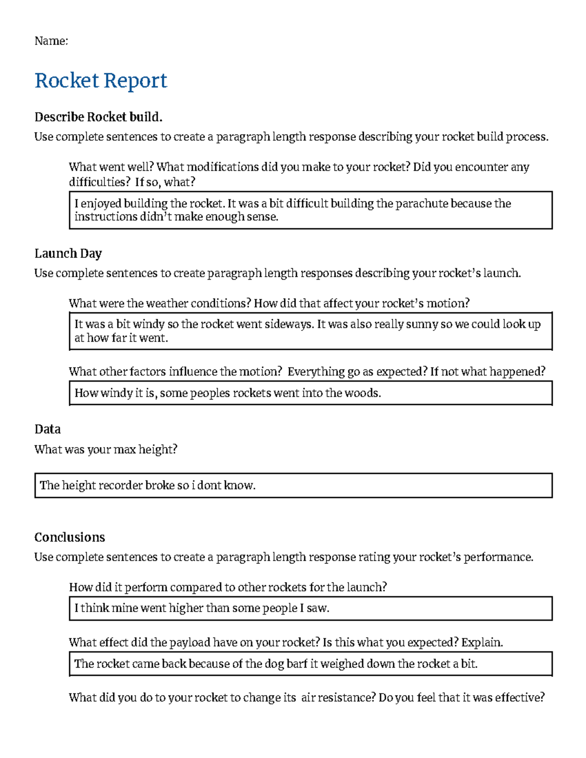 Copy of Rocket Report - ,lhjb - Name: Rocket Report Describe Rocket ...