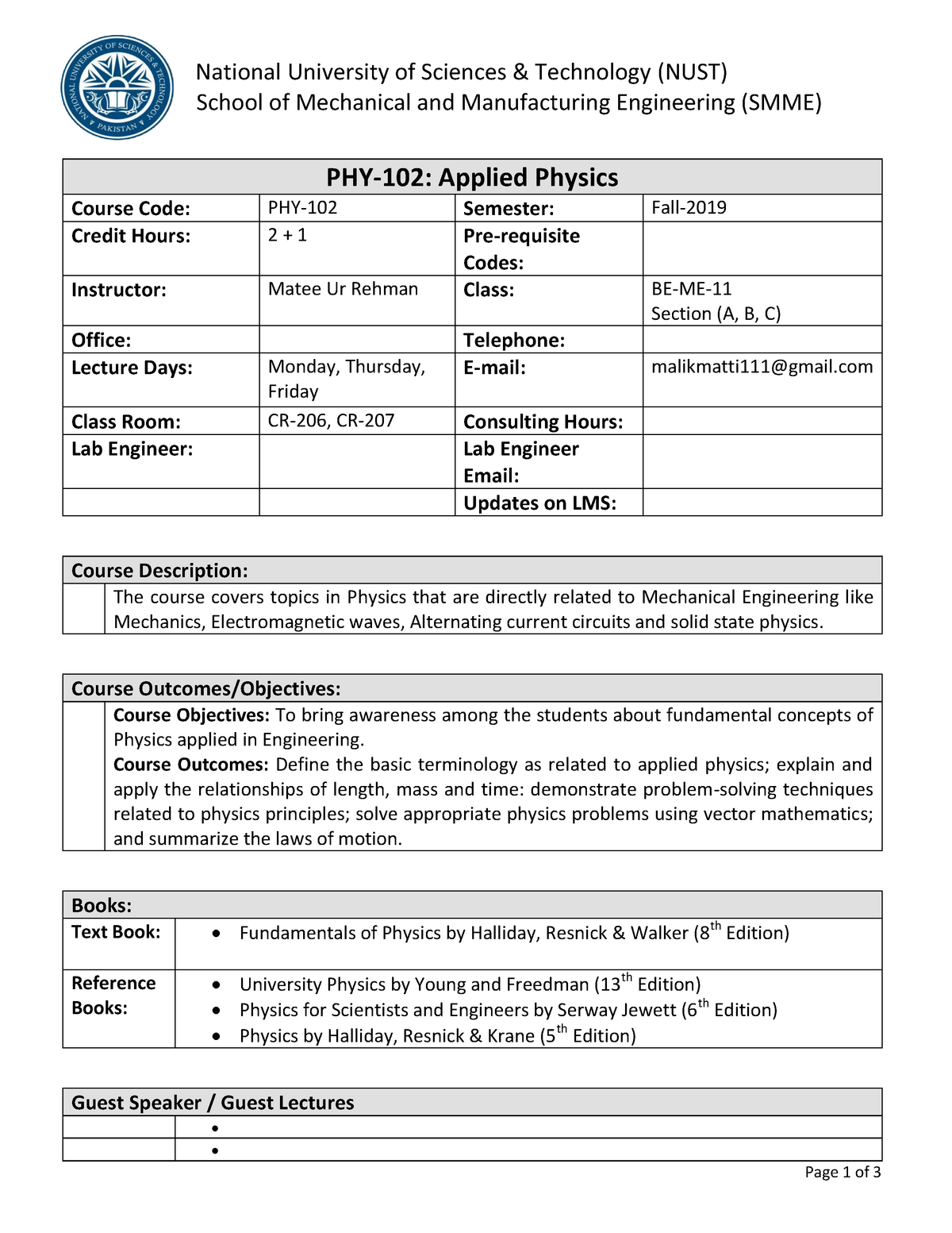 Applied Physics (PHY-102) Course Outline - National University Of ...