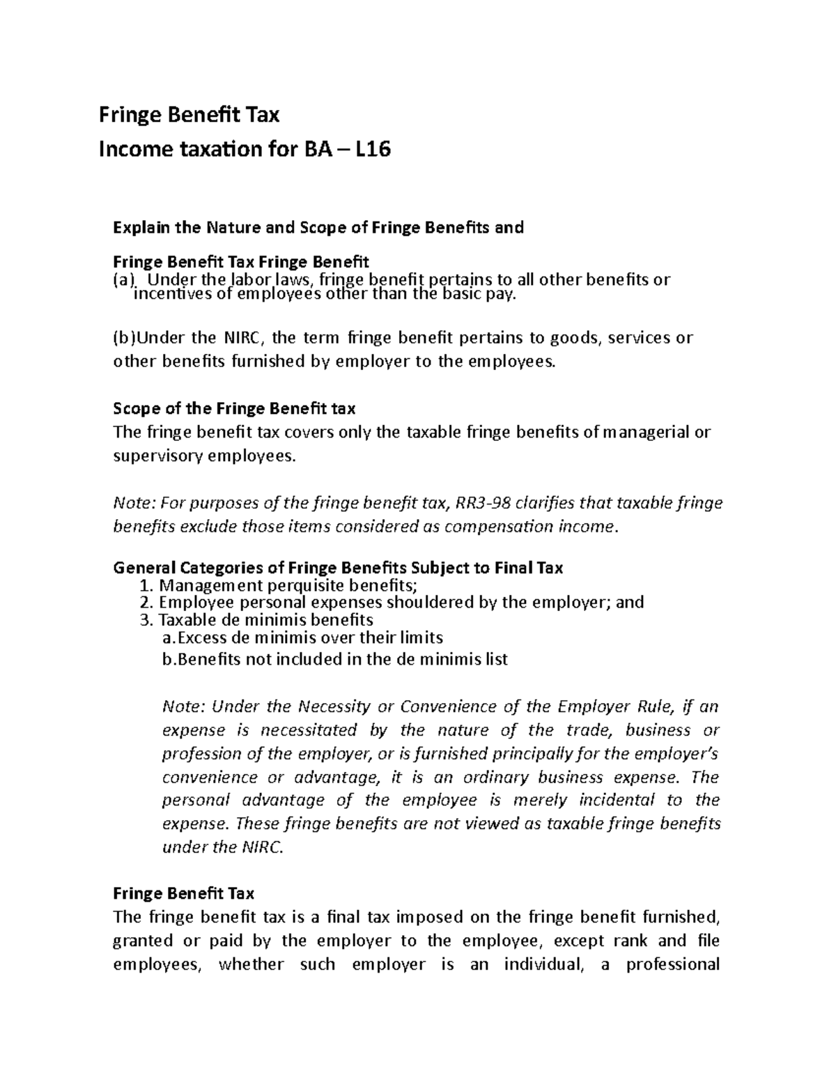Taxation 16 Lecture notes Fringe Benefit Tax